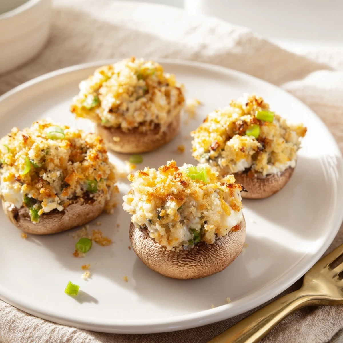 Golden-brown Mozzarella Popper Stuffed Mushrooms with melted cheddar and spices on a platter, ready to serve at a party.