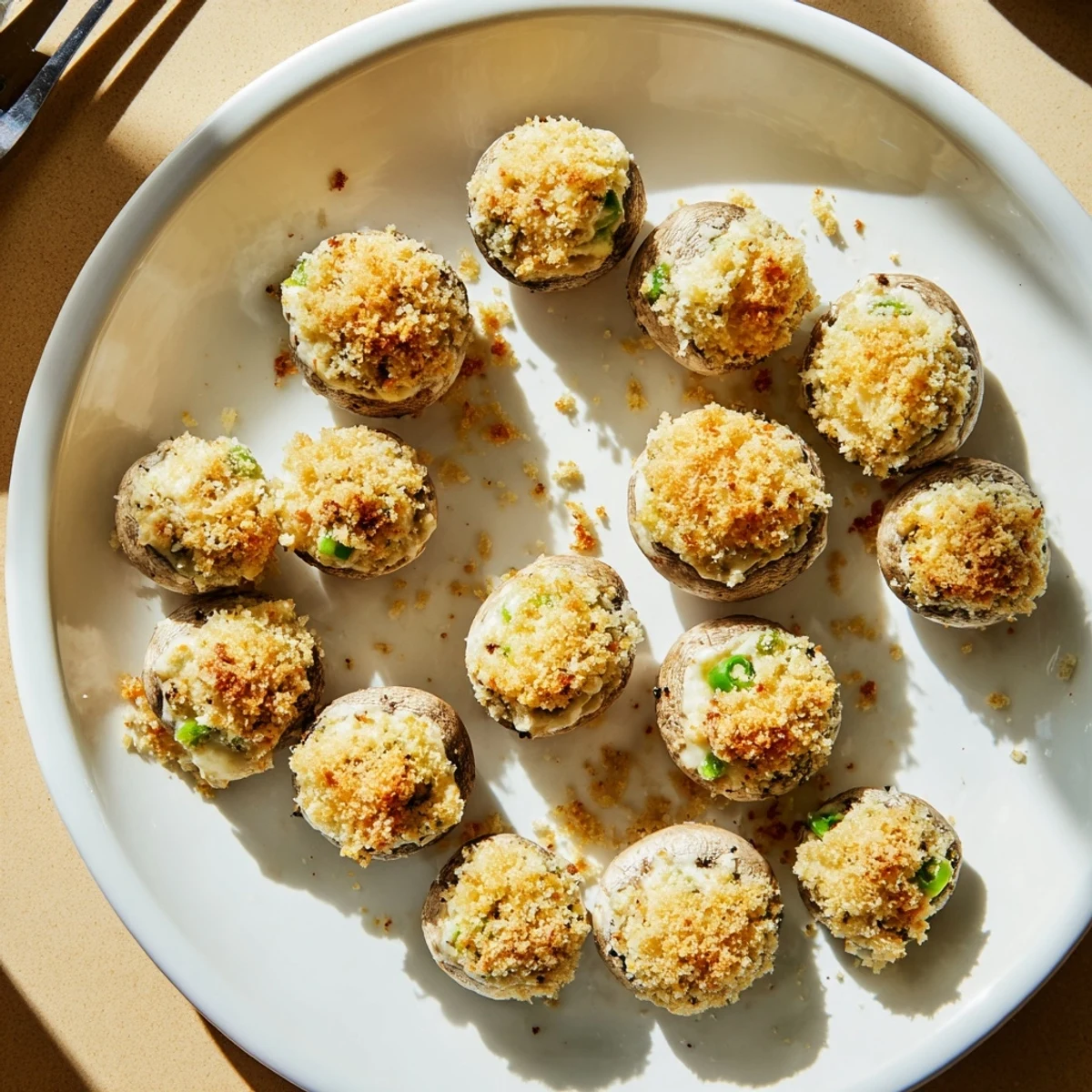 Mozzarella Popper Stuffed Mushrooms with jalapeño and cheddar filling, baked until bubbly on a rustic wooden board.
