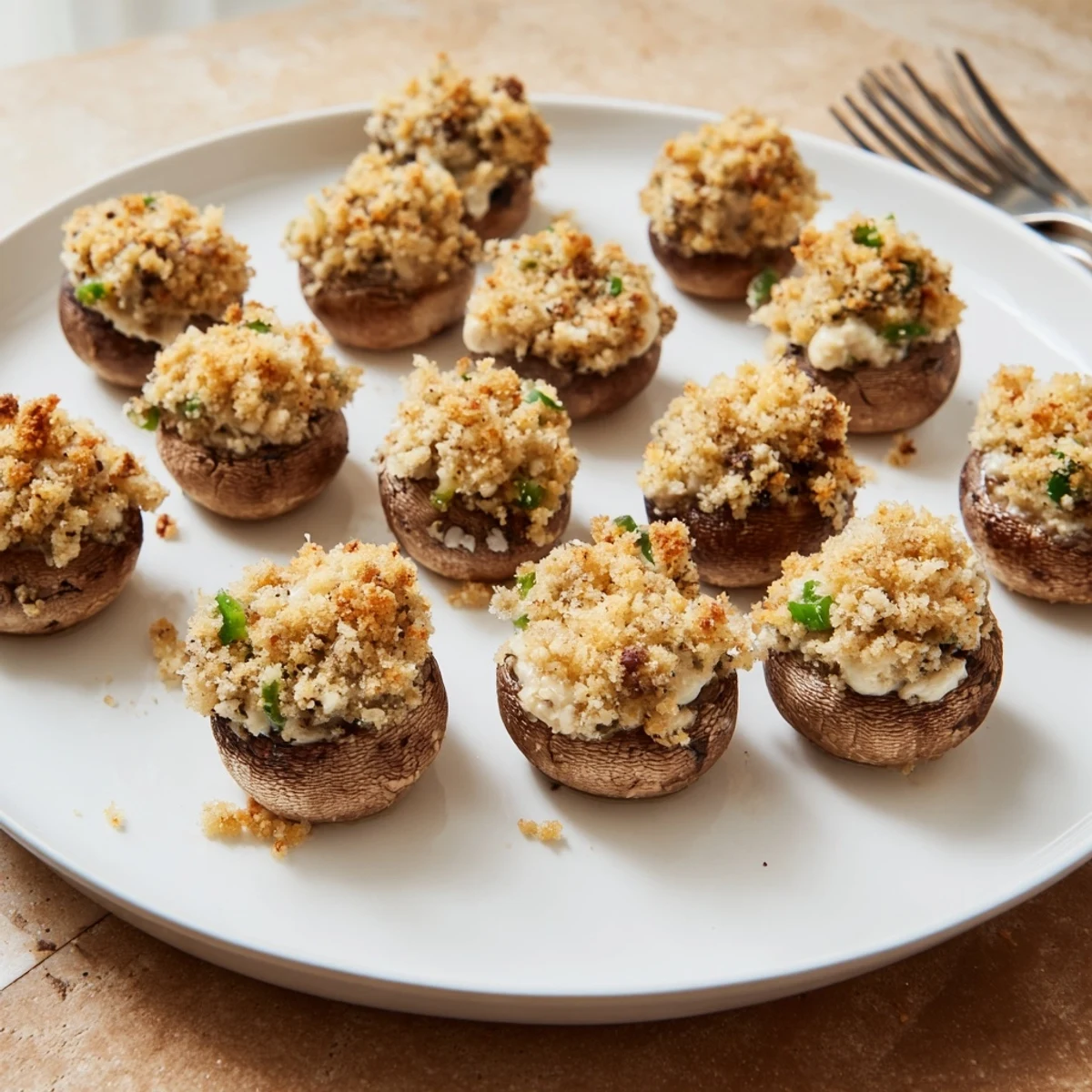 Close-up of Mozzarella Popper Stuffed Mushrooms showcasing creamy cheese blend, crispy topping, and fresh parsley garnish.