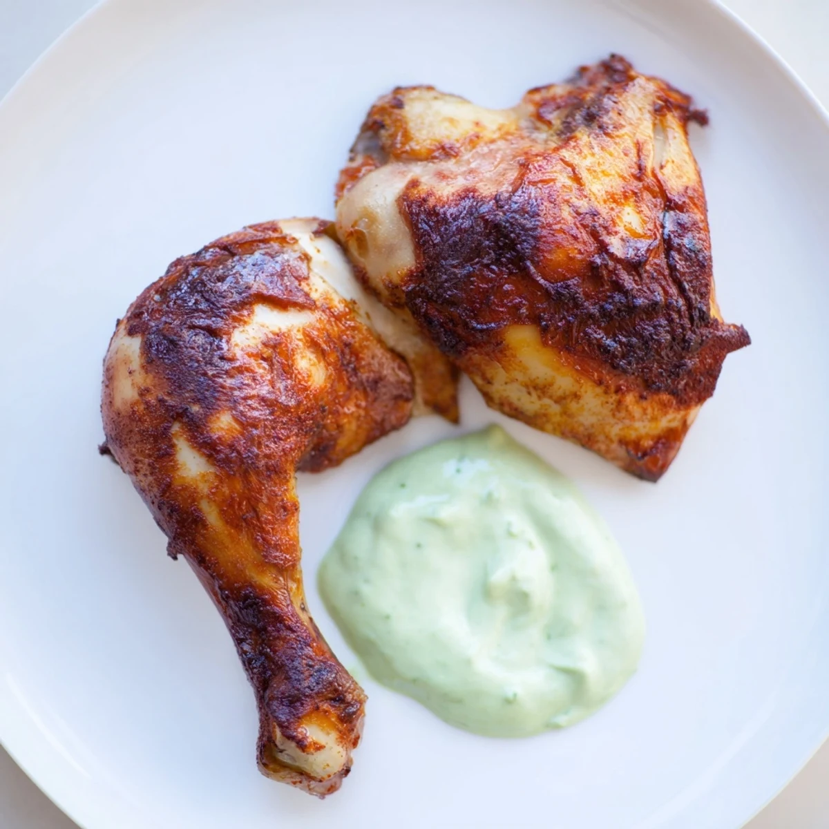 Freshly carved Peruvian Roast Chicken with Creamy Green Sauce displayed on a platter with roasted potatoes.
