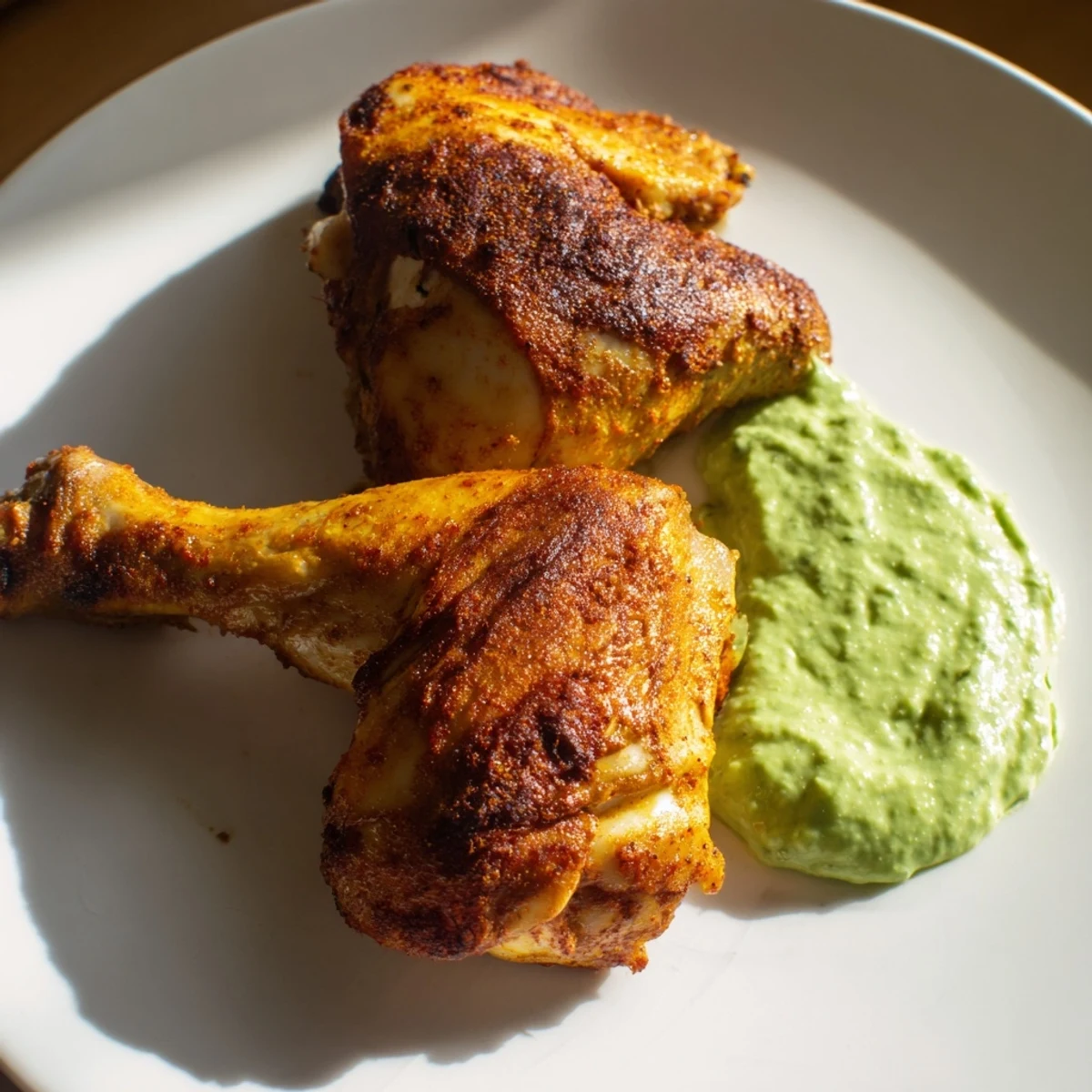 A golden-brown, spiced Peruvian Roast Chicken with Creamy Green Sauce ready to be served at dinner.