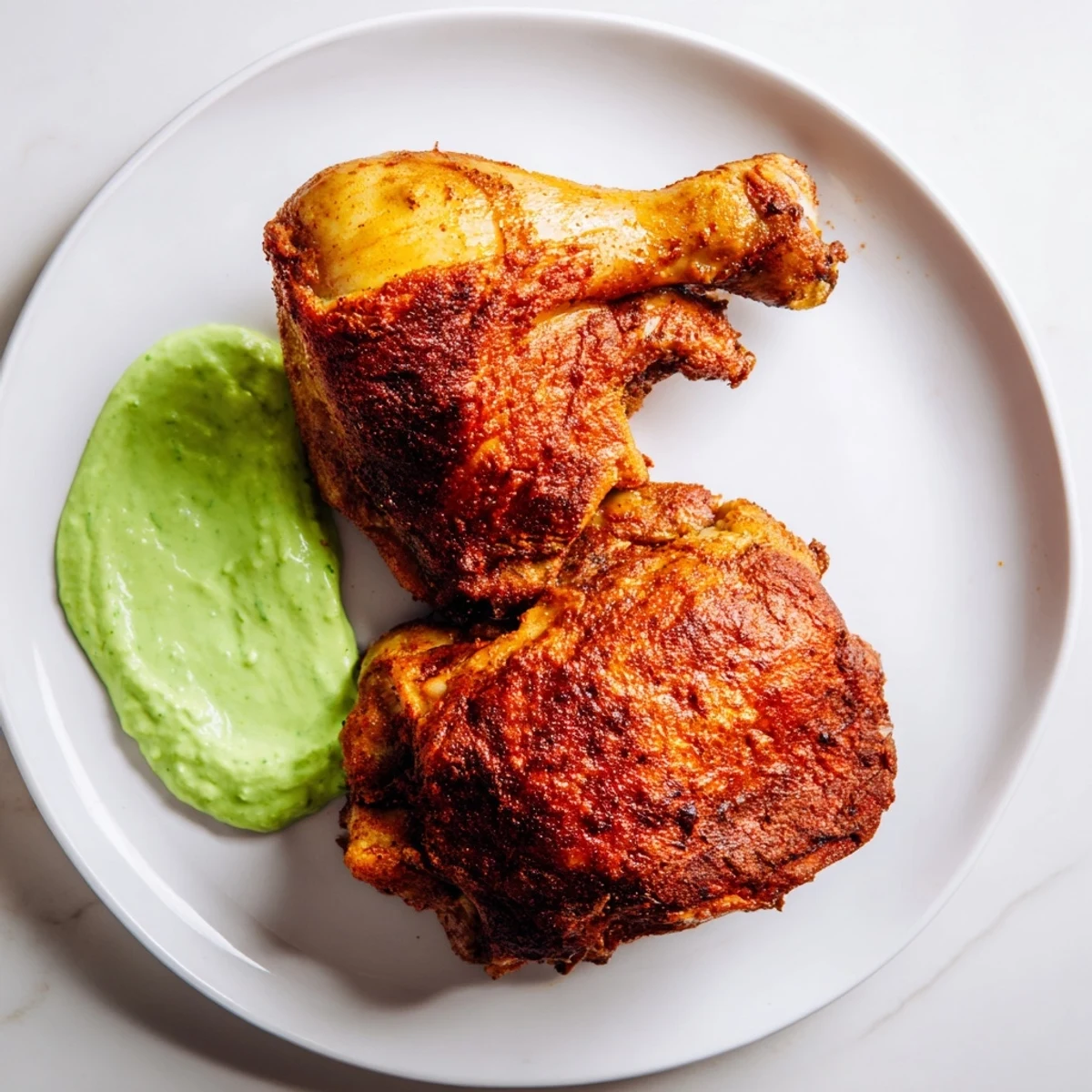 Juicy Peruvian Roast Chicken with Creamy Green Sauce paired with cilantro and lime for a vibrant meal.