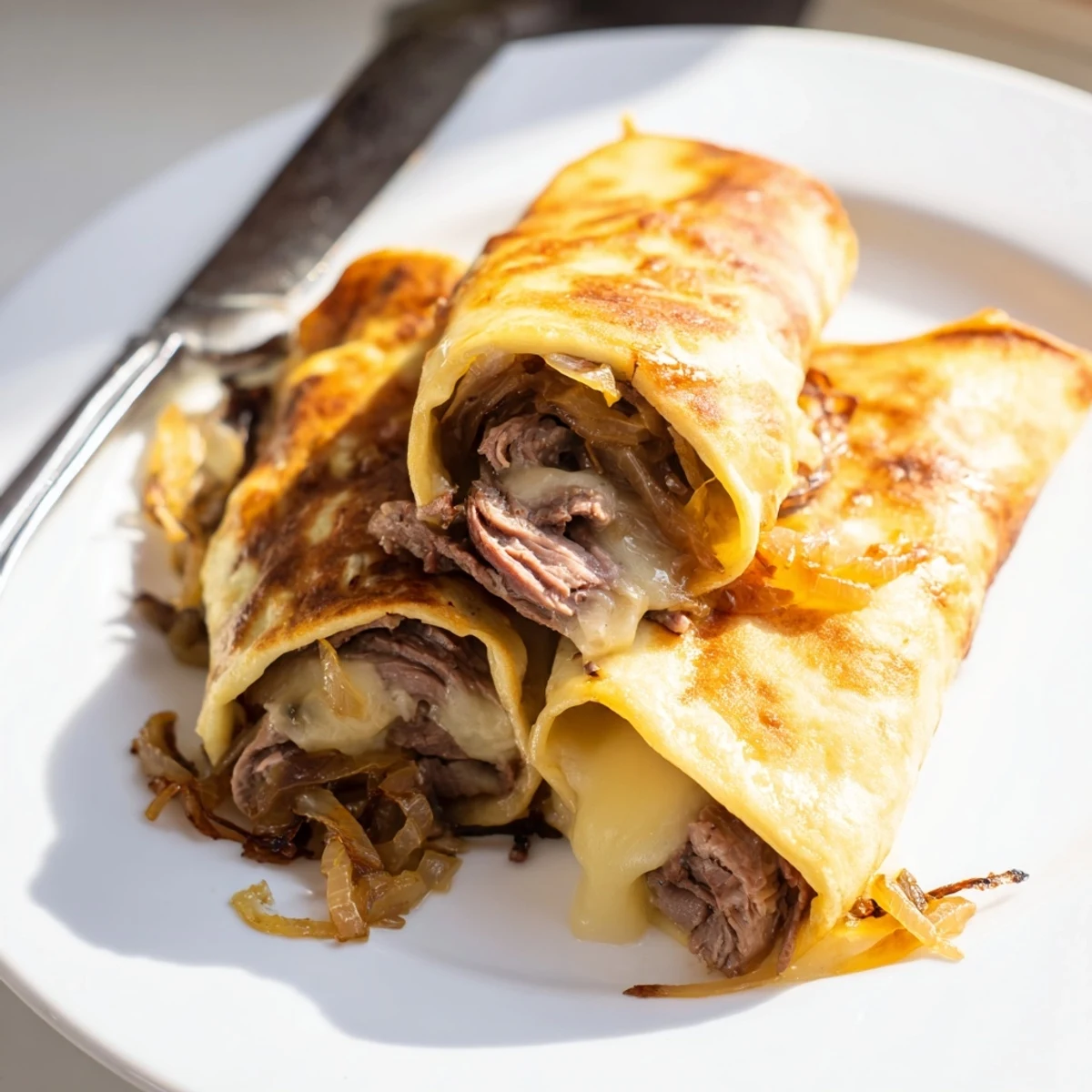 Golden-brown Easy French Dip Tortilla Roll Ups filled with tender roast beef, melted provolone, and caramelized onions sit on a white plate next to a small bowl of steaming au jus.