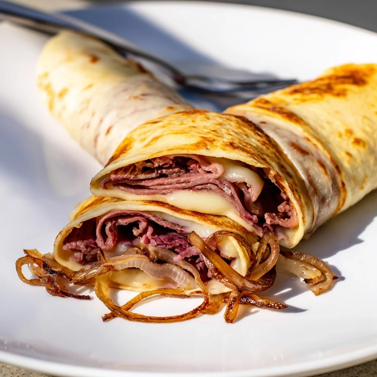 Warm Easy French Dip Tortilla Roll Ups arranged on a speckled ceramic platter, golden tortillas slightly crisp, with a bowl of rich beef au jus ready for dipping.