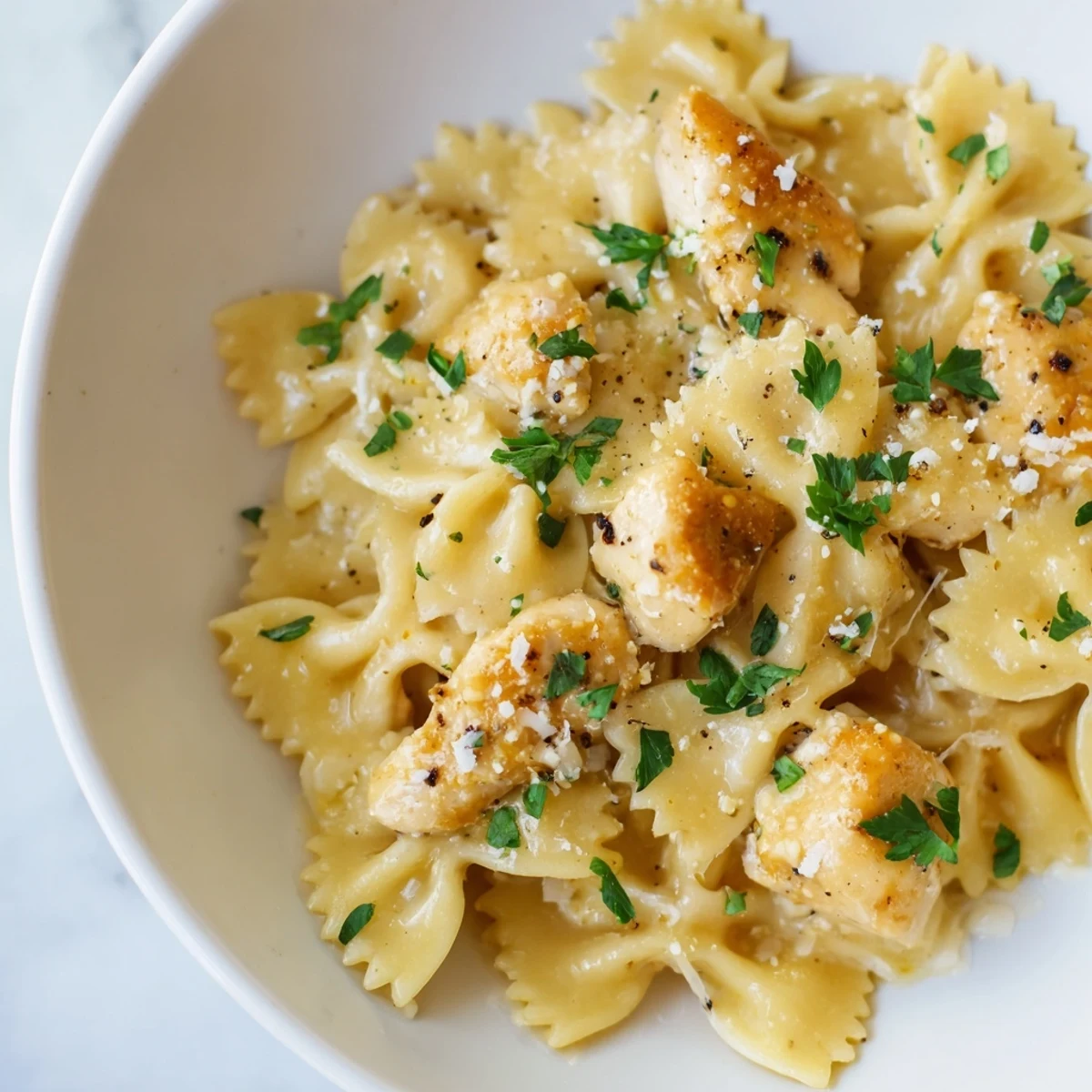 A creamy bowl of Mozzarella Garlic Butter Chicken Bowties garnished with fresh parsley and served warm.