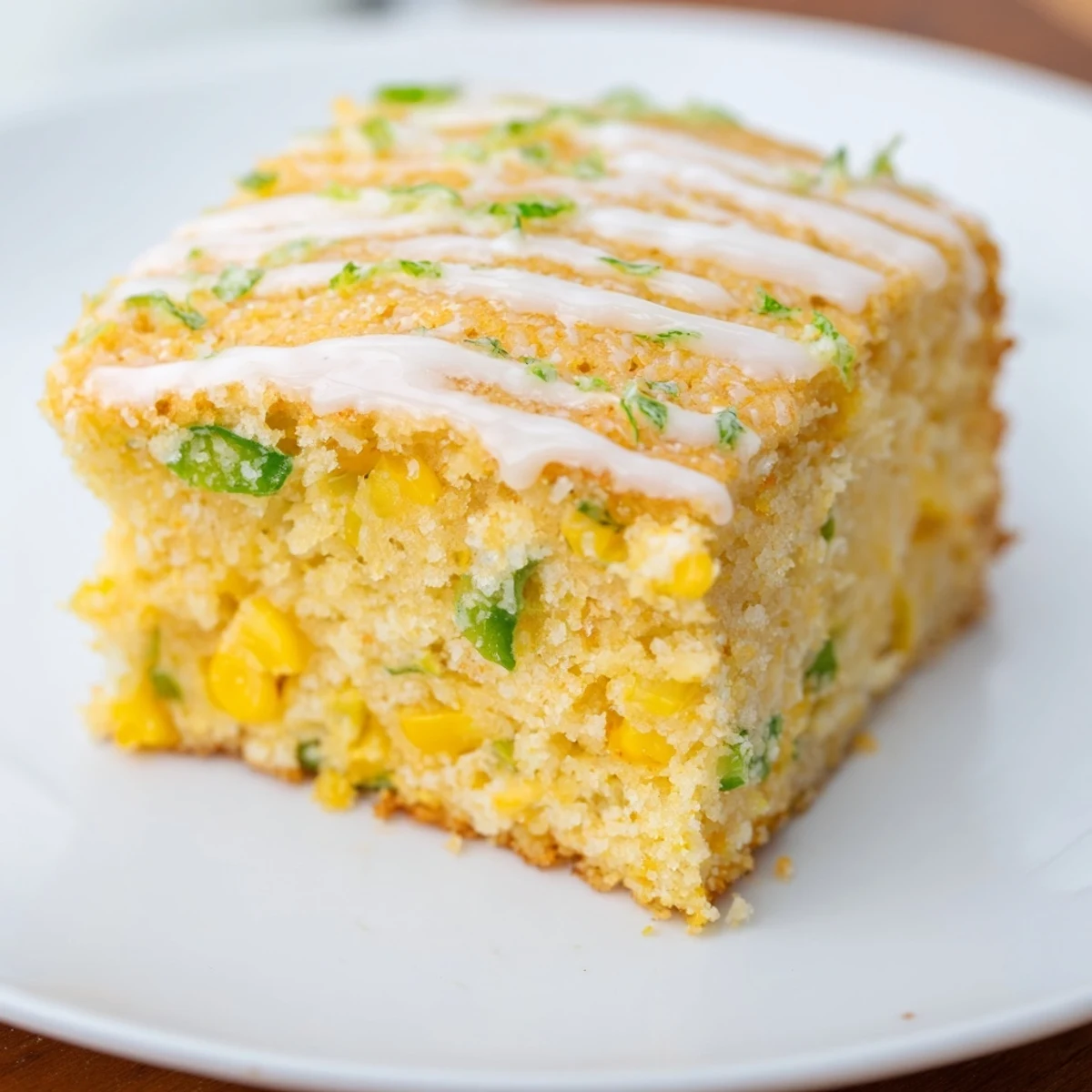A close-up of moist Spicy Sweet Jalapeño Cornbread with Zesty Lime Drizzle, showing fluffy texture and chopped green jalapeños.
