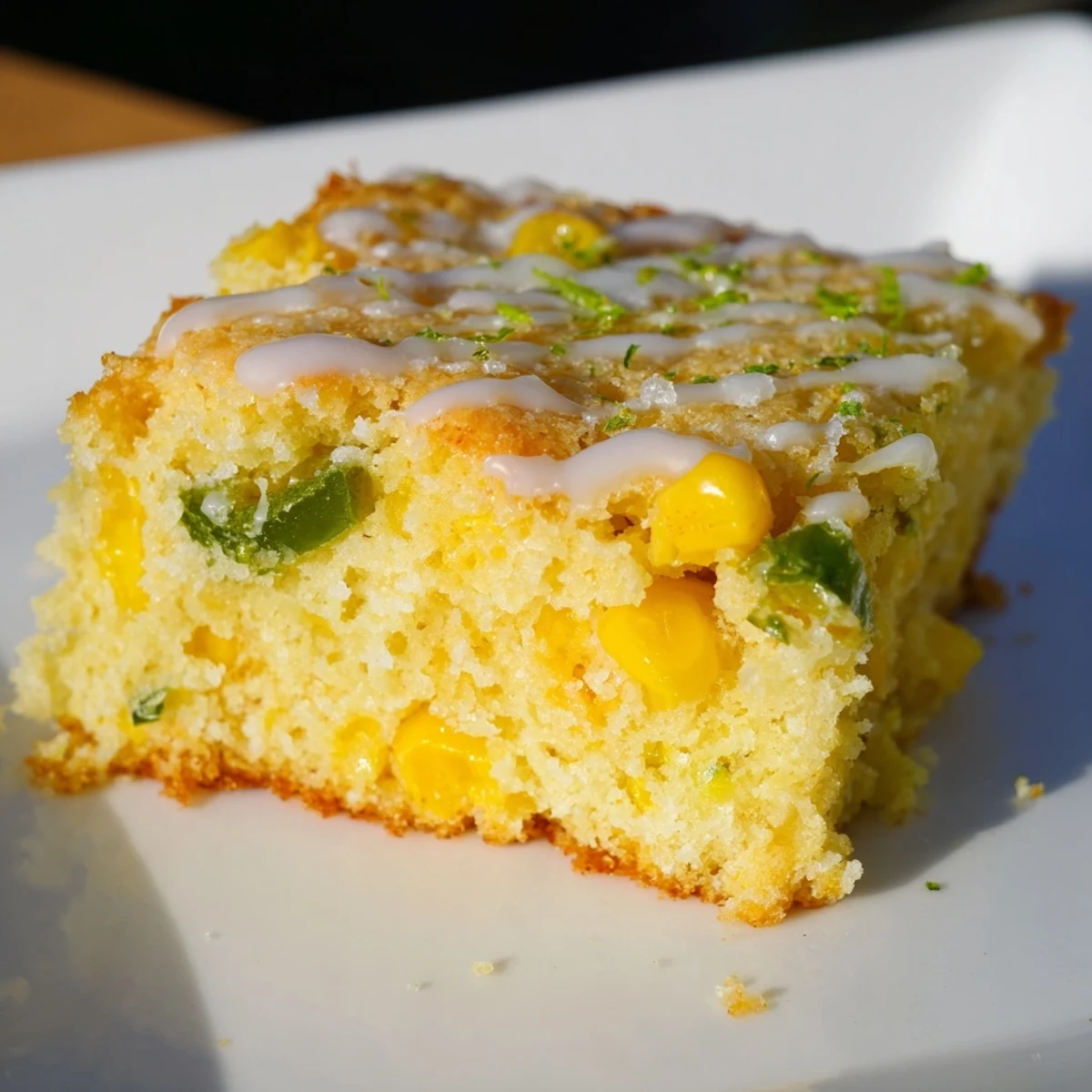 Golden-brown Spicy Sweet Jalapeño Cornbread with Zesty Lime Drizzle on a rustic wooden table, garnished with fresh lime slices.