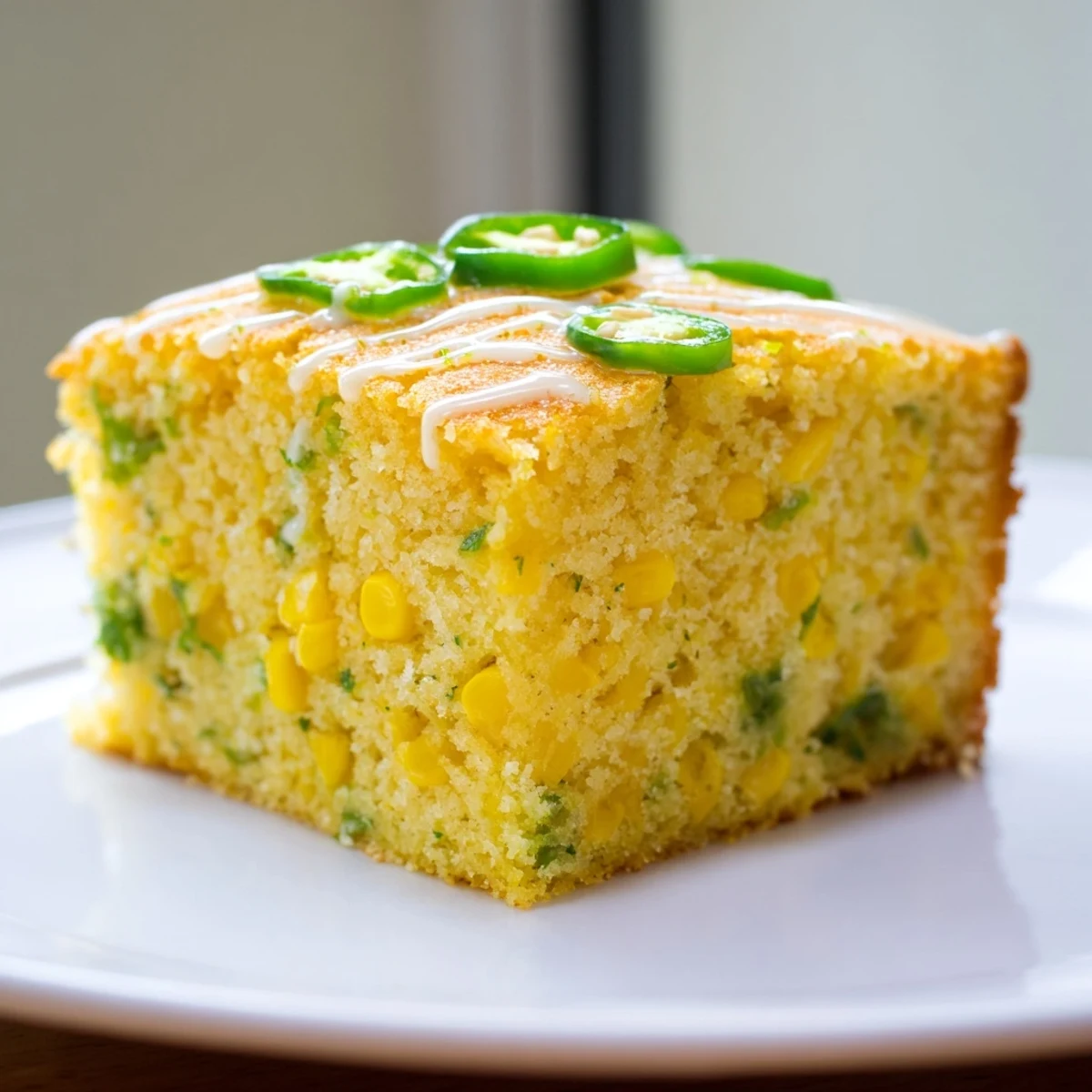 Warm slice of Spicy Sweet Jalapeño Cornbread with Zesty Lime Drizzle on a plate, perfect with chili or barbecue.