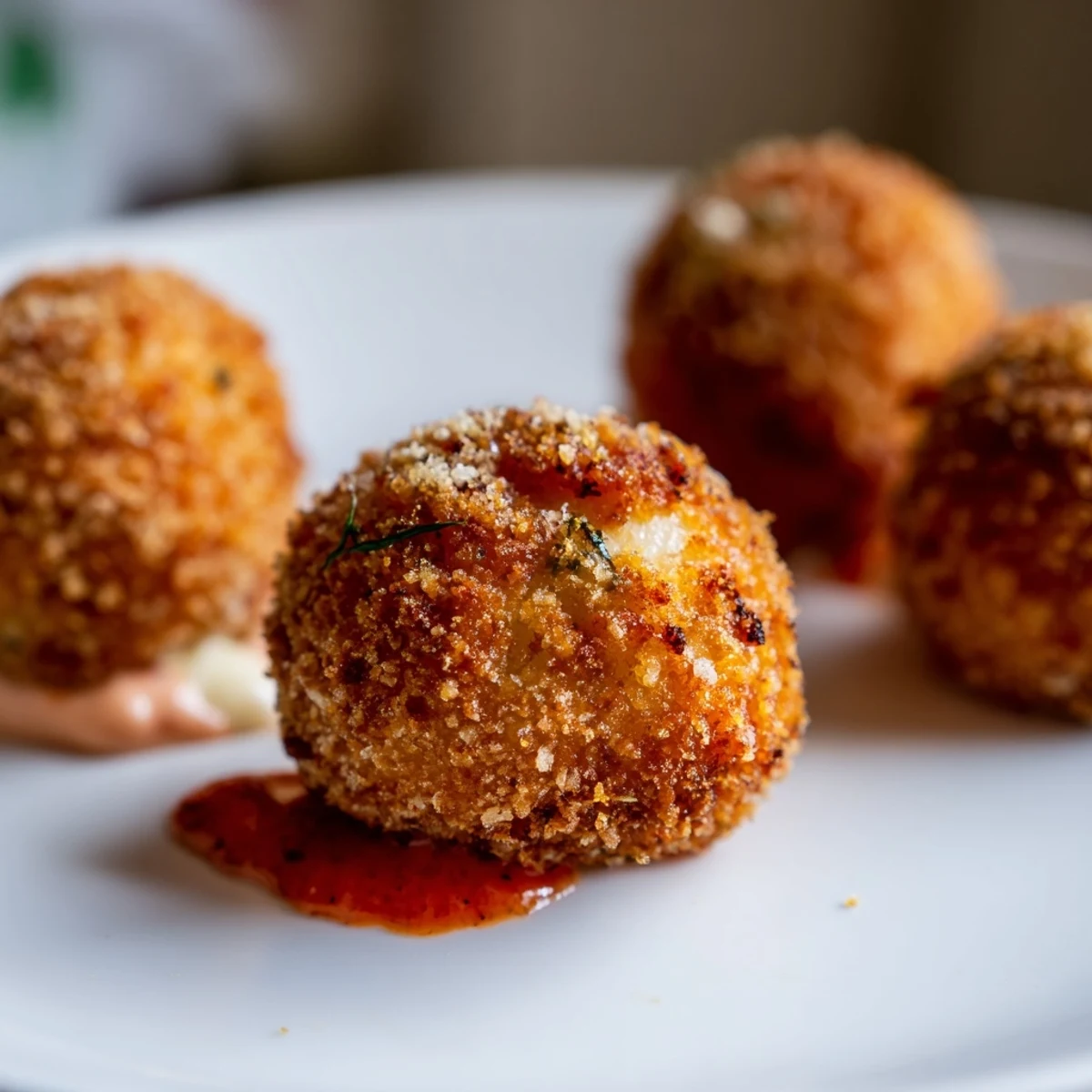 Fried Reuben Balls with Spicy Thousand Island sauce, showcasing crispy panko crust and a rich, savory interior.