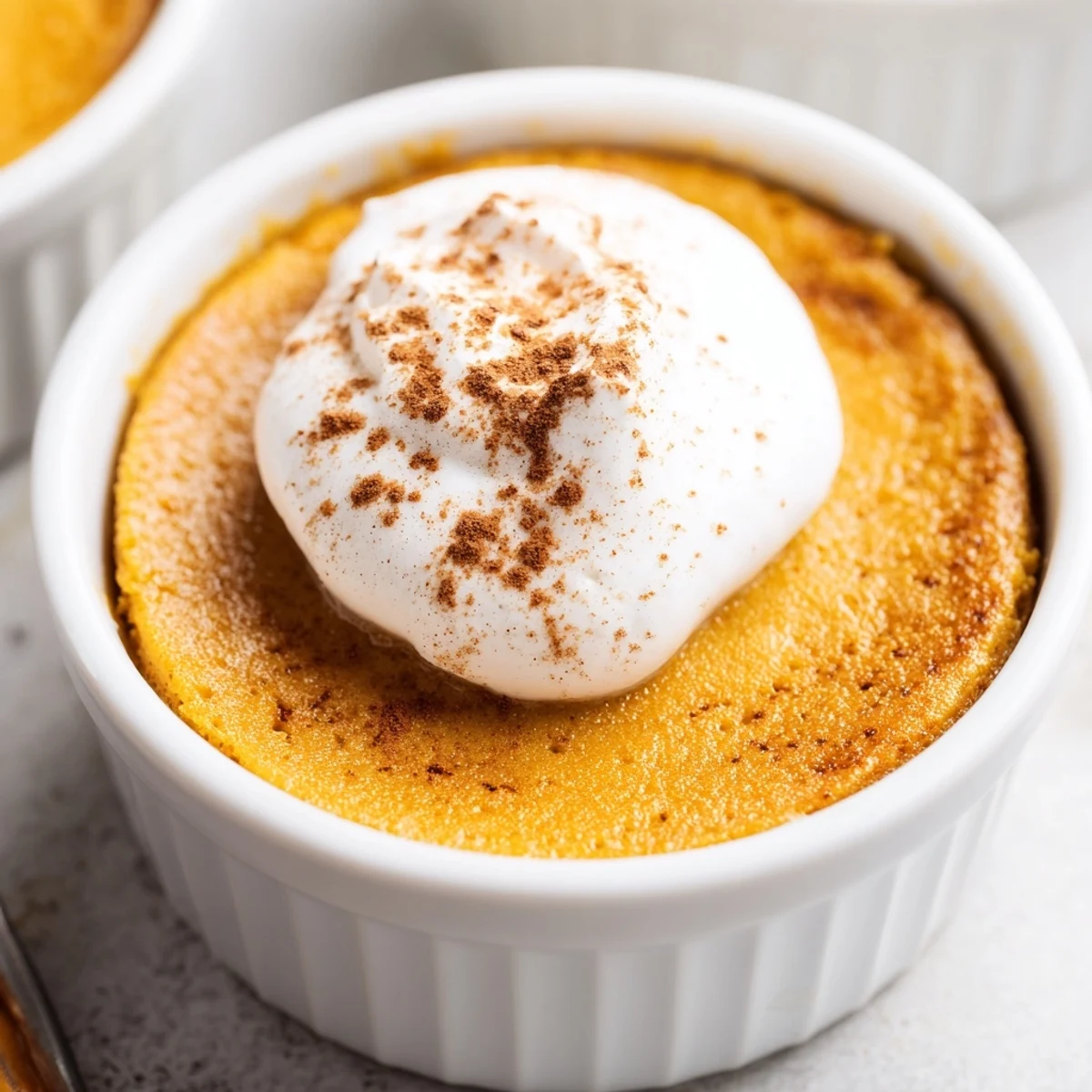 Freshly baked Effortless Baked Pumpkin Pudding with a smooth, creamy texture and warm spice aroma.