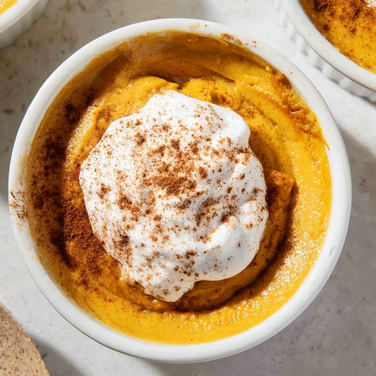 Golden brown Effortless Baked Pumpkin Pudding served warm in a ramekin topped with whipped cream.