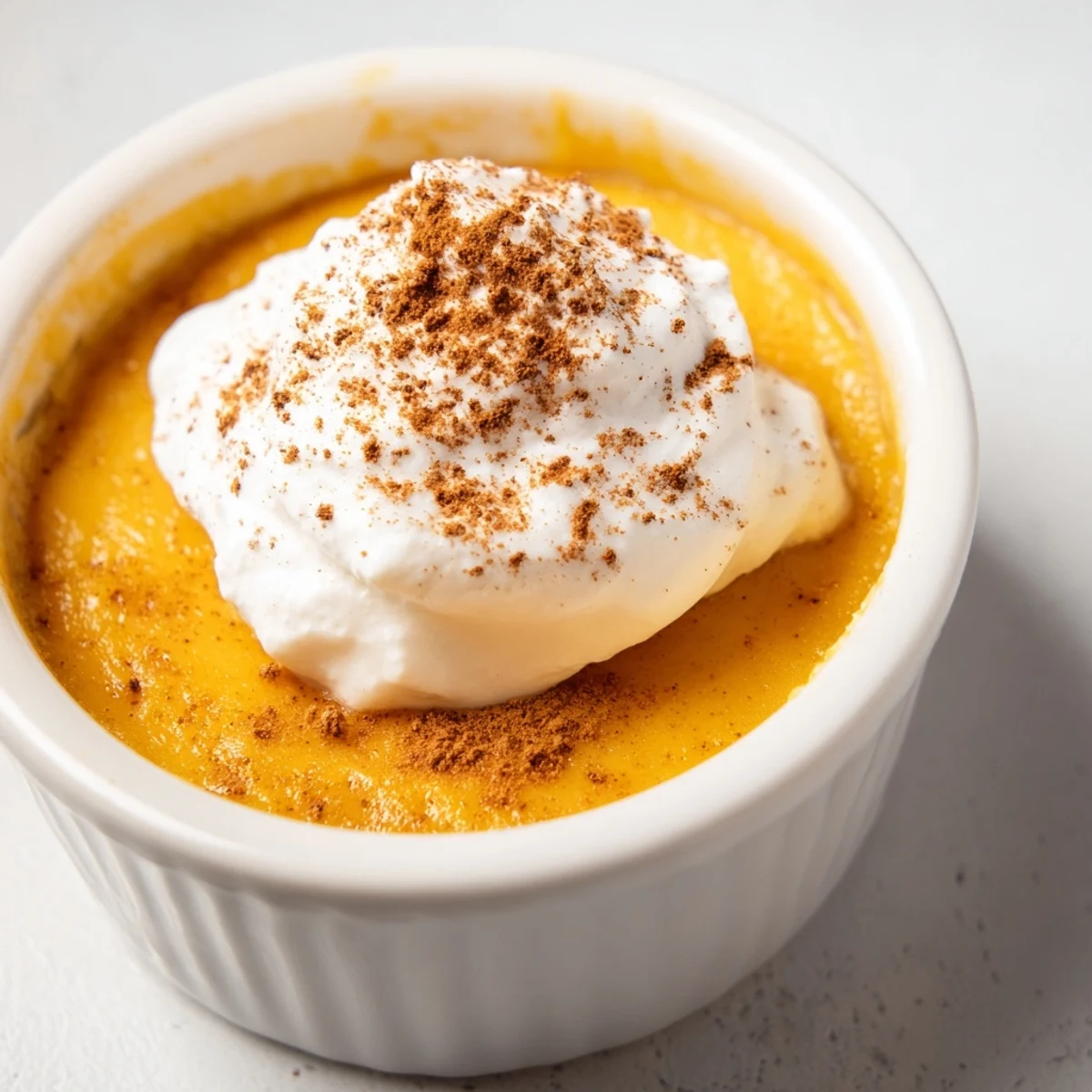 Rich and silky Effortless Baked Pumpkin Pudding dessert plated with a sprinkle of cinnamon and pecans.