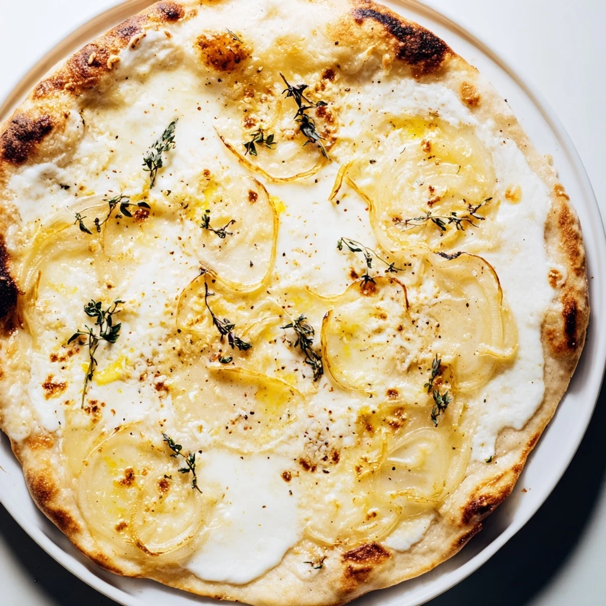 A close-up of Caramelized Onion Pizza With Melty Cheese showing golden, sweet onions bubbling under stretchy, gooey cheese.