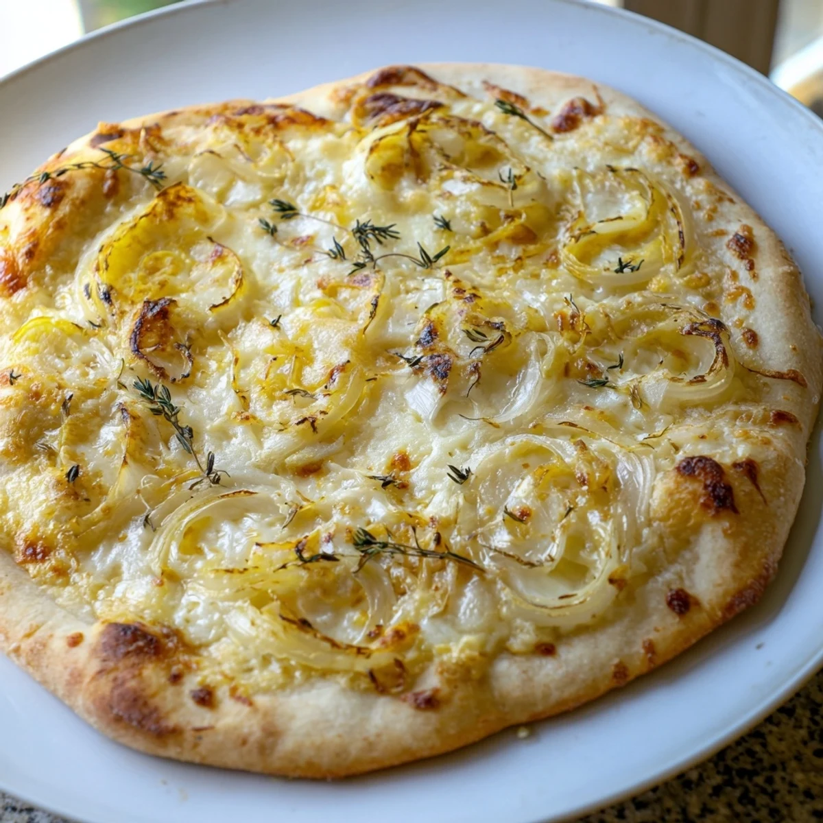 Slice of Caramelized Onion Pizza With Melty Cheese lifted to reveal a crisp, golden-brown crust and thyme flecks.