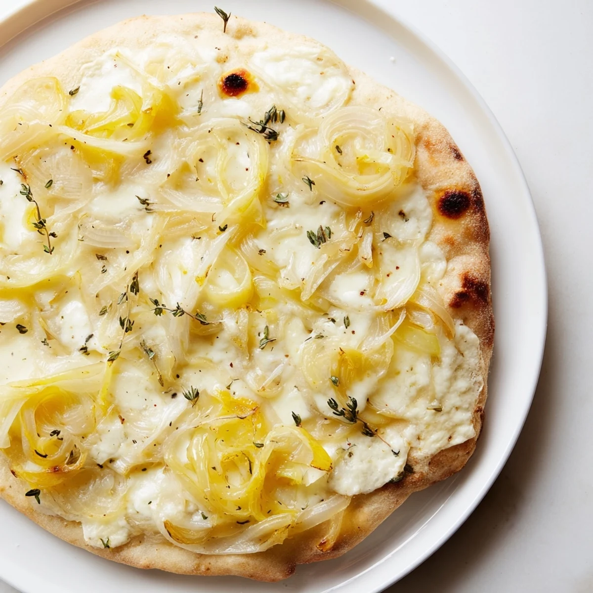 Caramelized Onion Pizza With Melty Cheese served hot on a wooden board, perfect for a cozy vegetarian dinner.