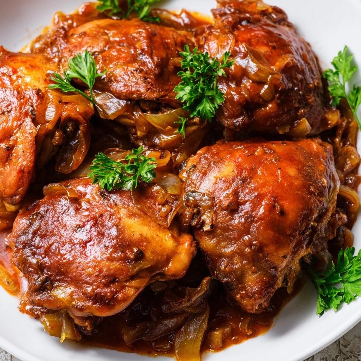 Golden brown Braised Catalina Chicken thighs in a rich Catalina dressing sauce with onions and peppers.