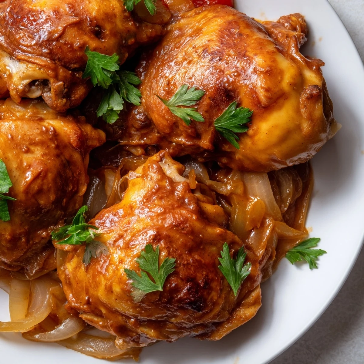 Hearty Braised Catalina Chicken plated with colorful peppers and onions, garnished with fresh parsley for serving.