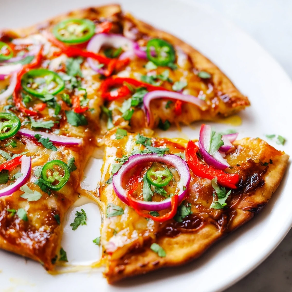 Golden-brown Sweet Heat Honey Garlic Flatbread Pizza fresh from the oven, topped with melted mozzarella, red onions, and jalapeños.