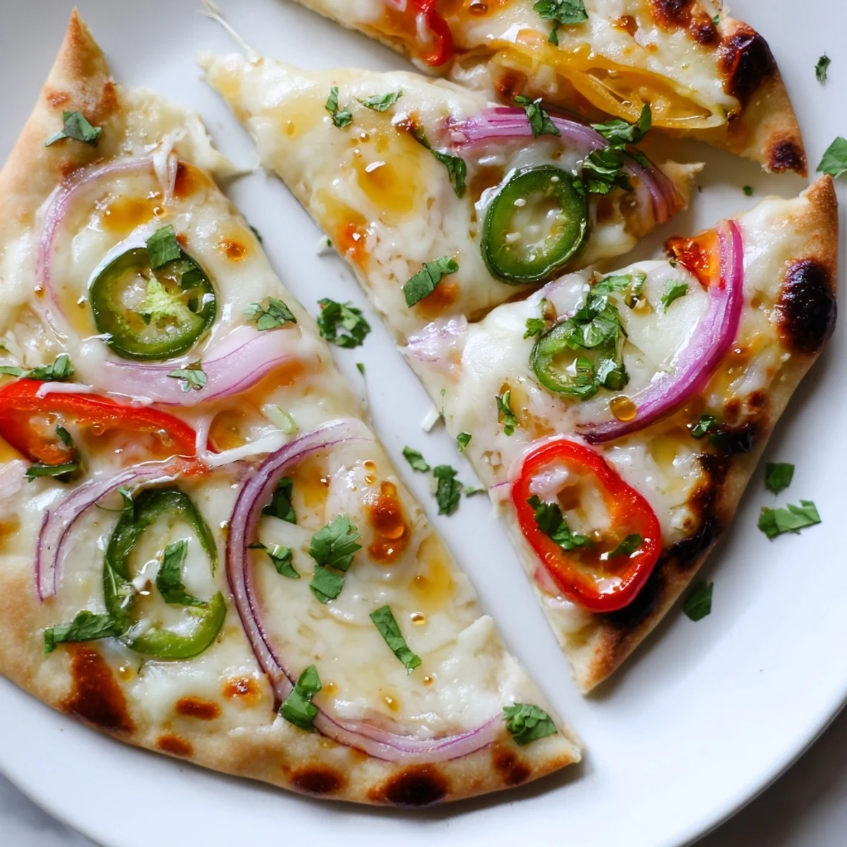 A close-up of Sweet Heat Honey Garlic Flatbread Pizza showcasing a crispy crust drizzled with extra honey and fresh cilantro.