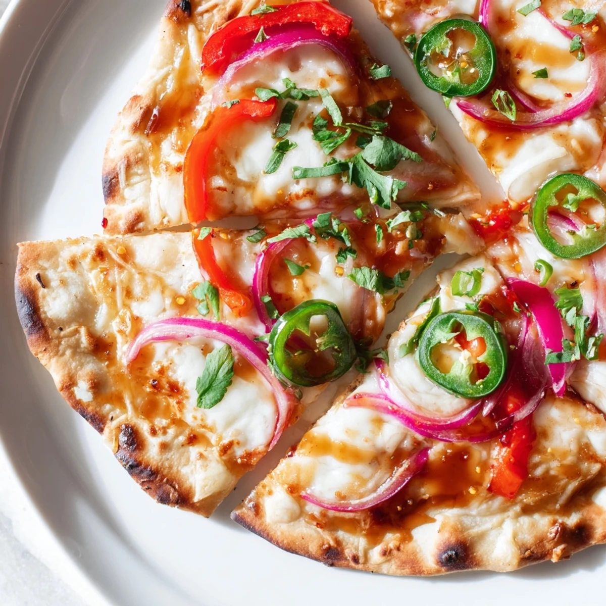 Overhead view of two large Sweet Heat Honey Garlic Flatbread Pizzas on a wooden board, ready to slice and serve.