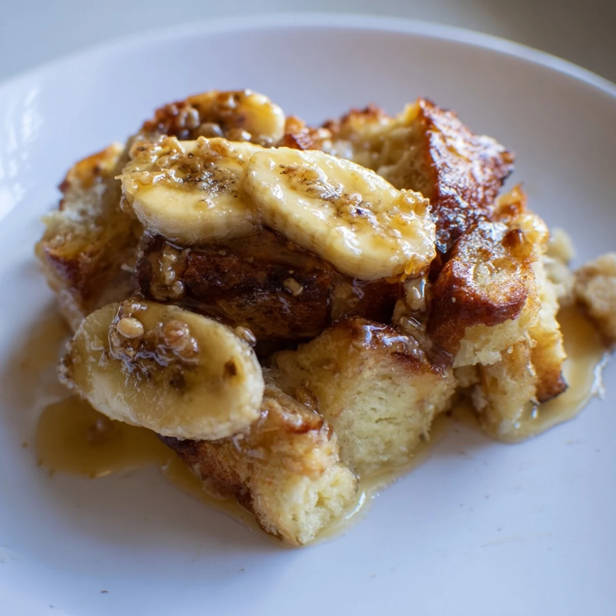 Golden brown baked Creamy Bananas Foster Bread Pudding topped with luscious sauce and sliced bananas for dessert.