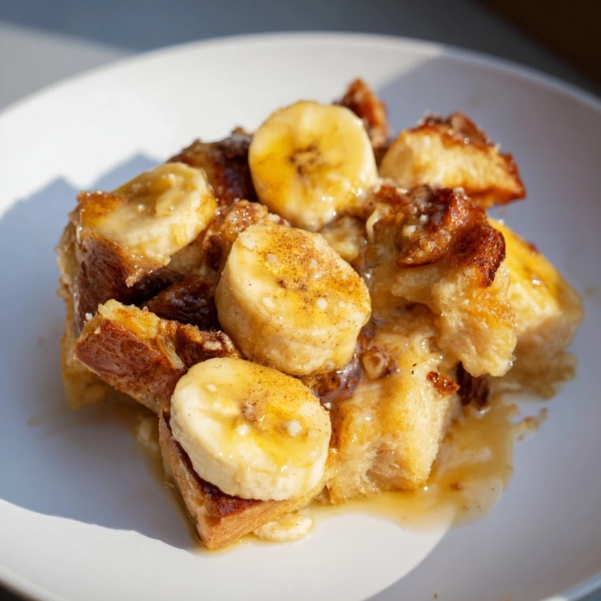 Creamy Bananas Foster Bread Pudding with caramelized bananas and a rum butter sauce, served warm in a dish.