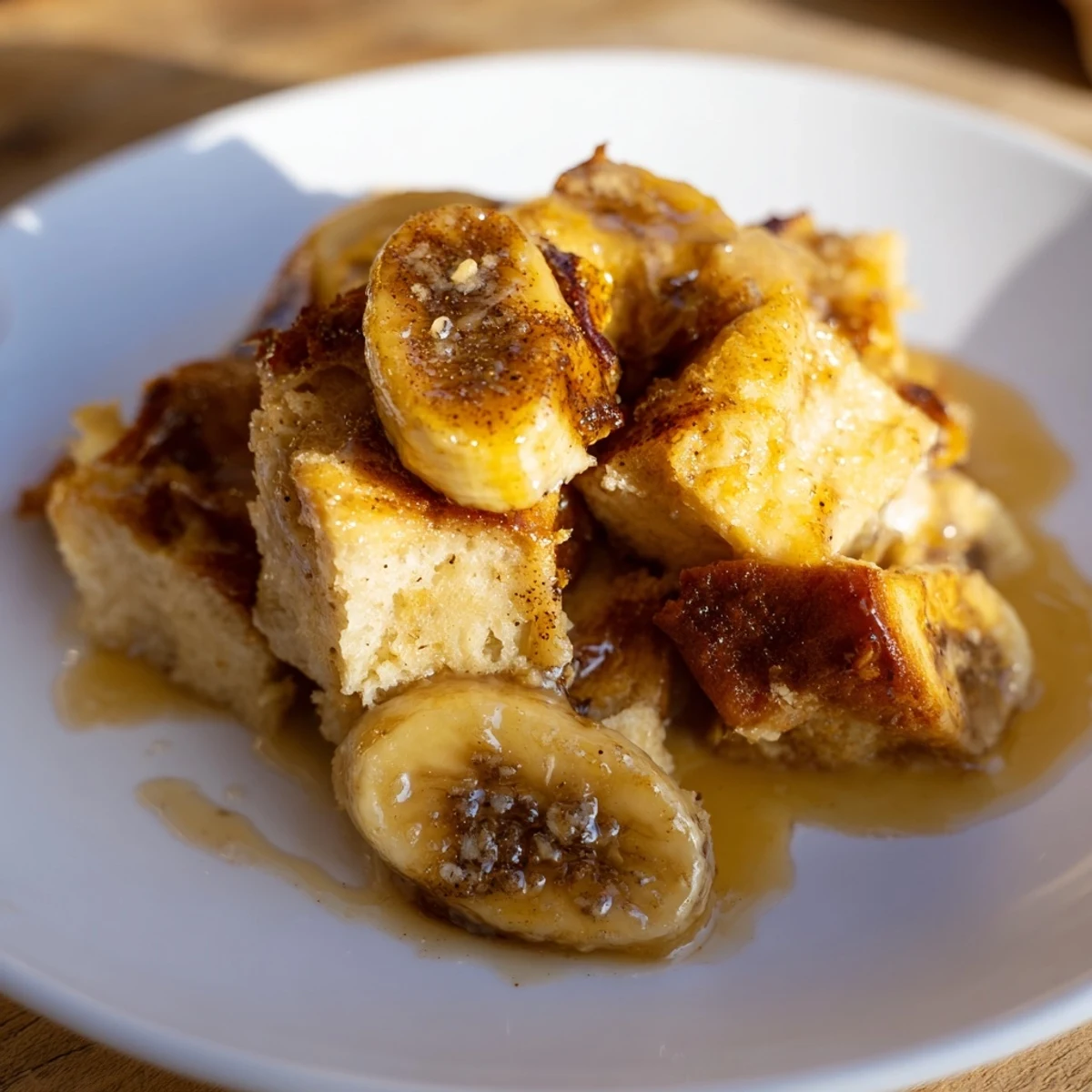 Close up of Creamy Bananas Foster Bread Pudding with custard soaked bread and rich Bananas Foster sauce drizzle.