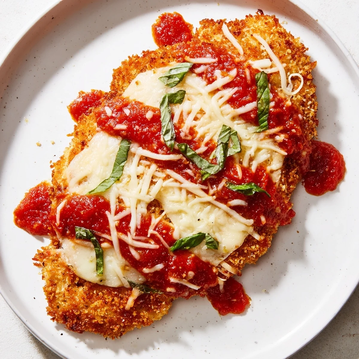 Golden-brown fried chicken breast topped with melted mozzarella and marinara sauce, served as Chicken Parmesan Pizza.