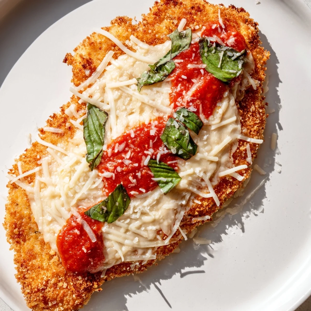 Fresh basil leaves and grated Parmesan garnish the crispy Chicken Parmesan Pizza on a rustic wooden table.
