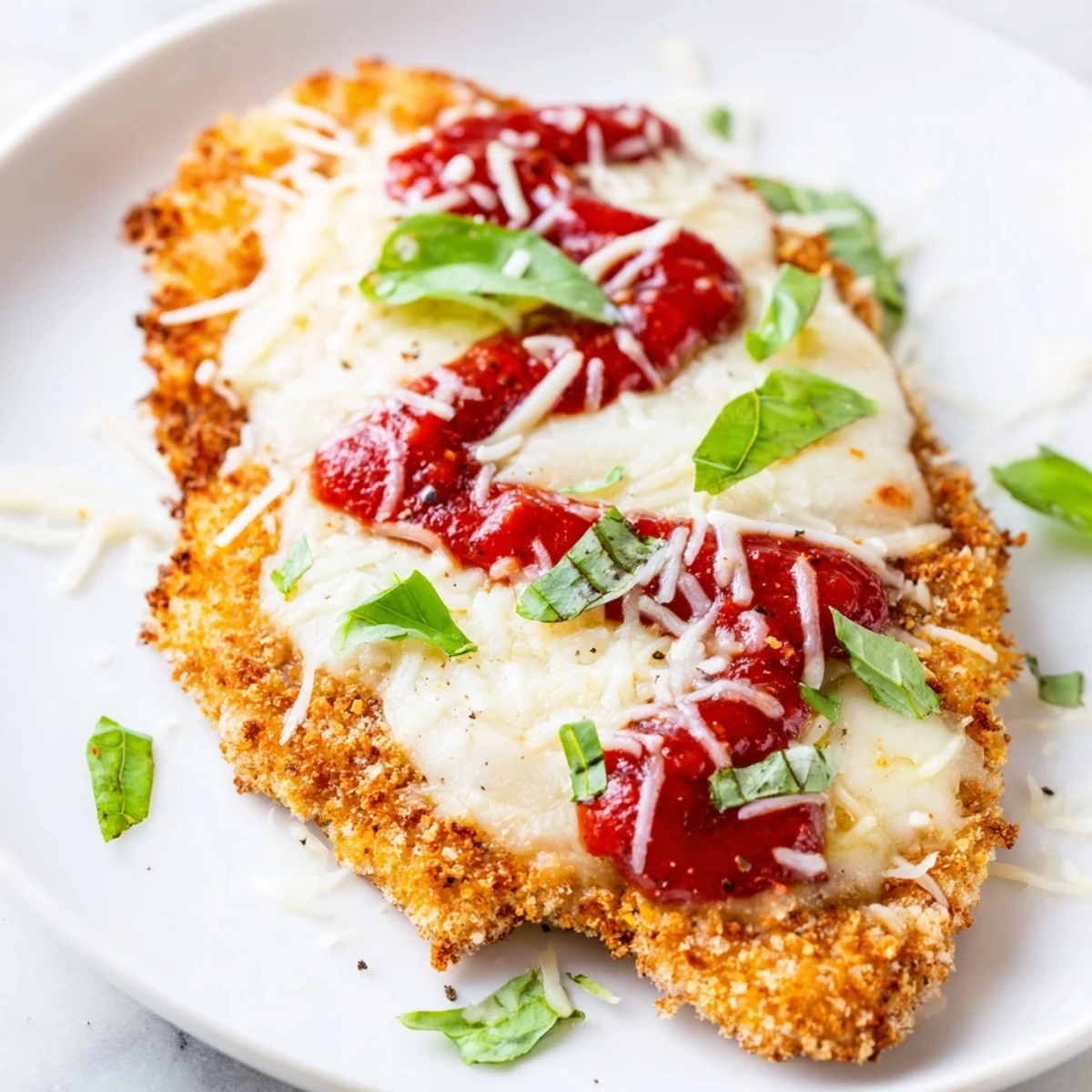 A slice of hot Chicken Parmesan Pizza lifted from the plate, showing gooey cheese and red tomato sauce.