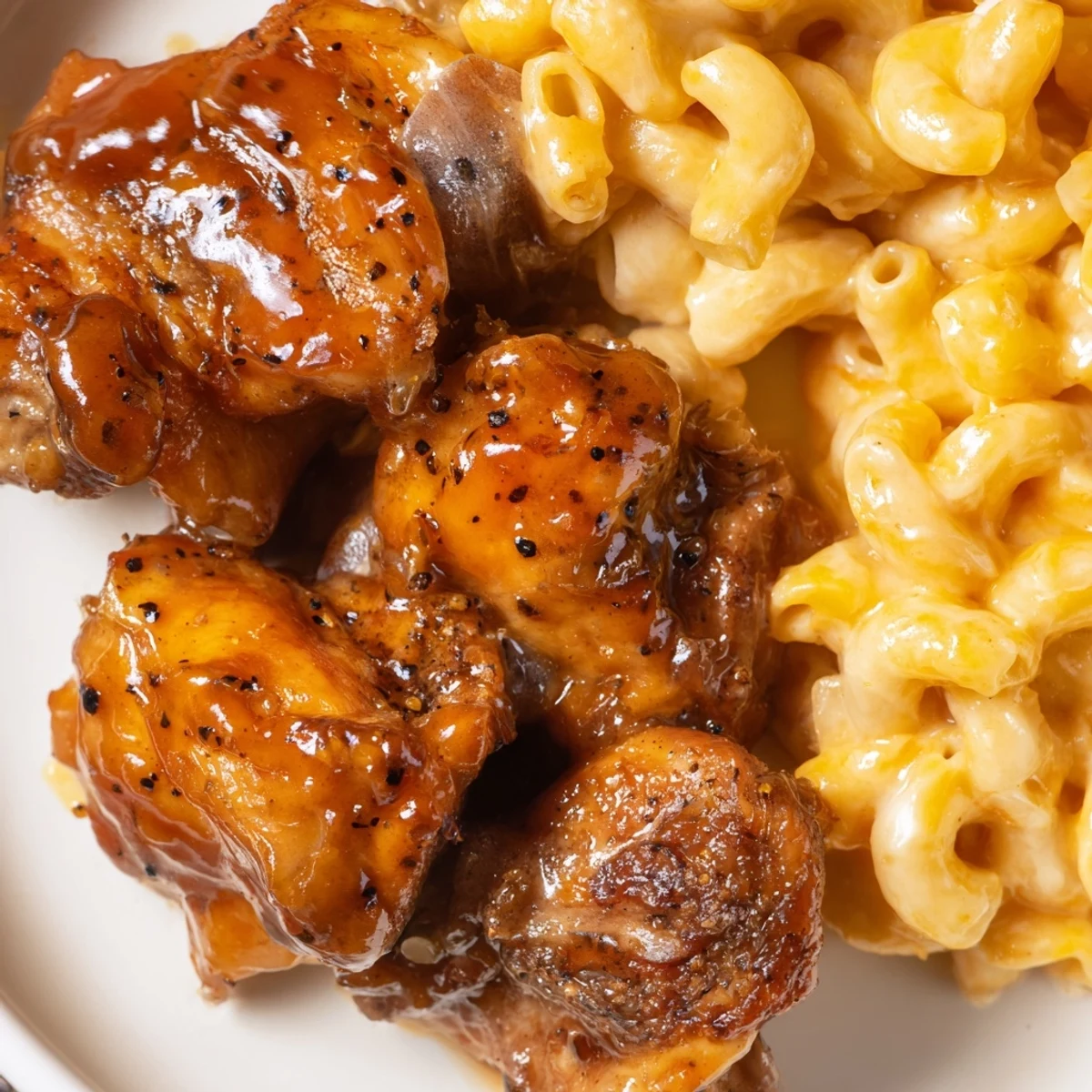 Golden-brown chicken glazed in a sticky honey pepper sauce, served over a bed of creamy cheddar macaroni.