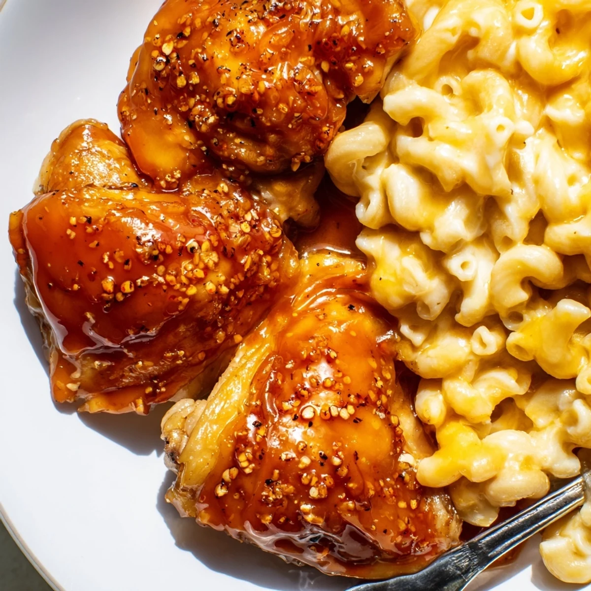 Sliced tender chicken drizzled with spicy honey sauce beside a bowl of rich, cheesy mac and cheese.