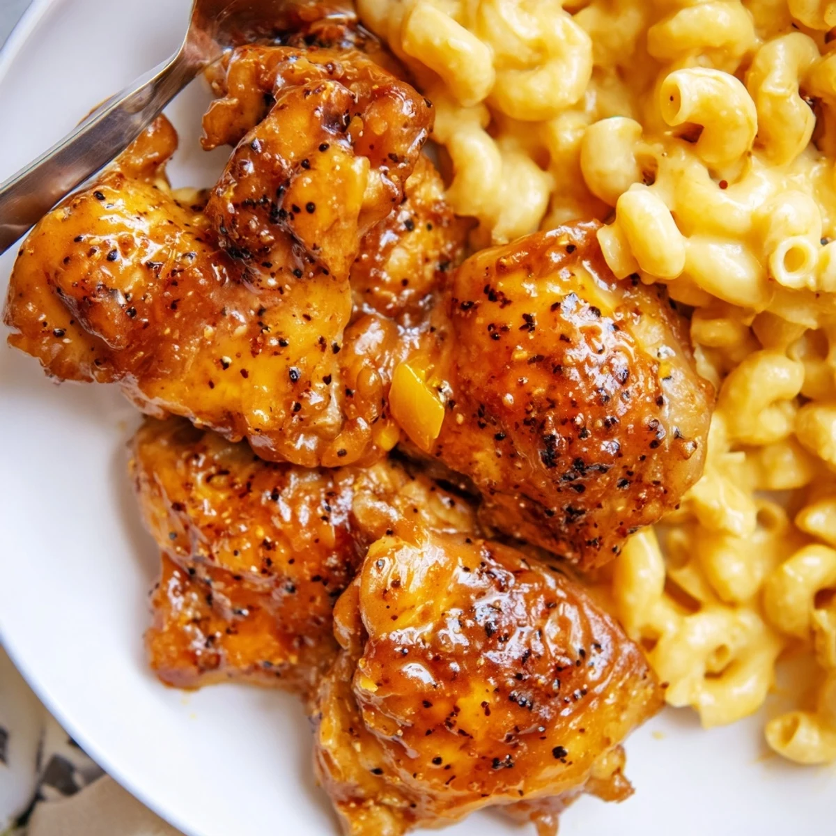 Freshly baked honey pepper chicken and creamy mac and cheese, perfect for a comforting weeknight dinner.