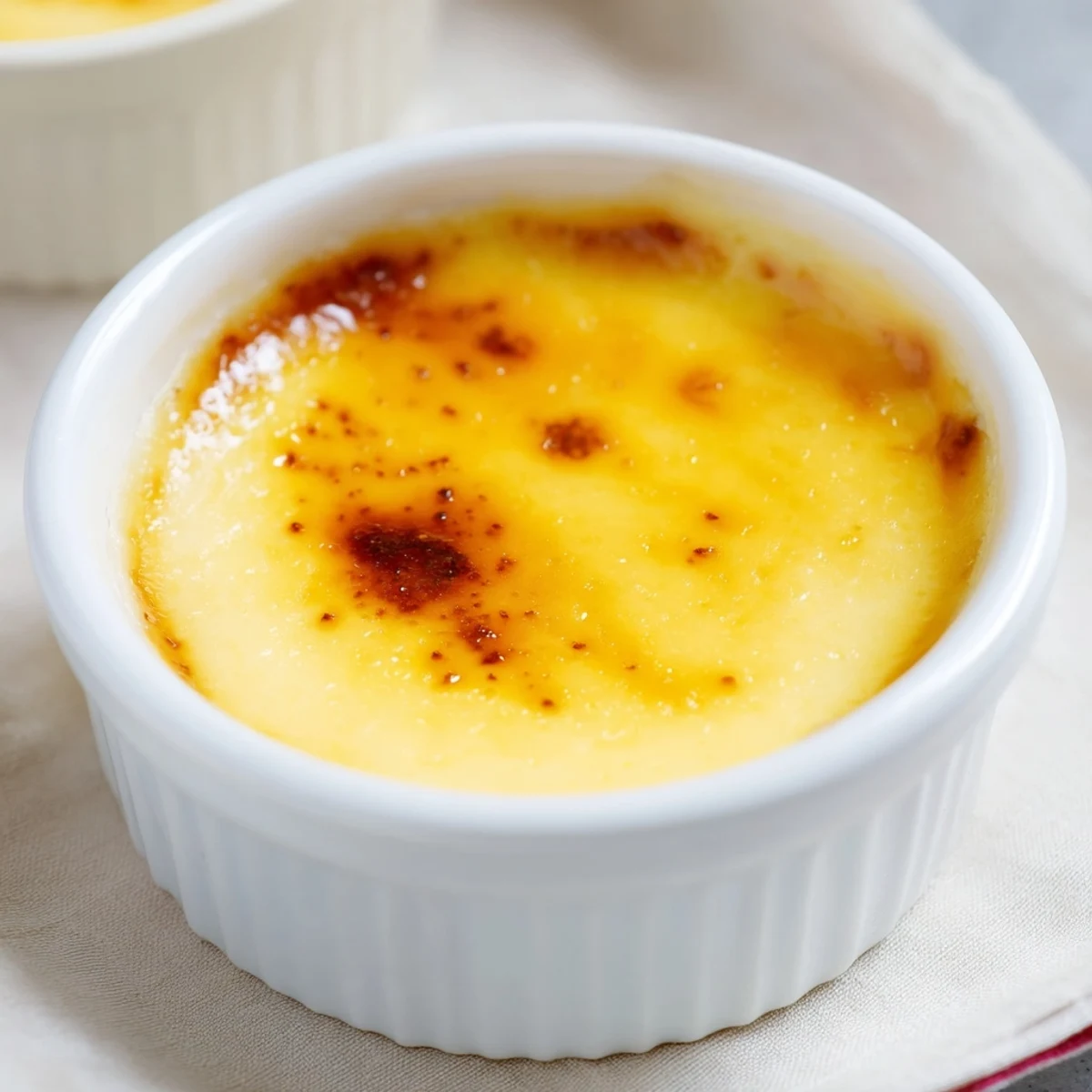 A smooth Classic Baked Milk Pudding with a golden caramelized top sits in a white ramekin.