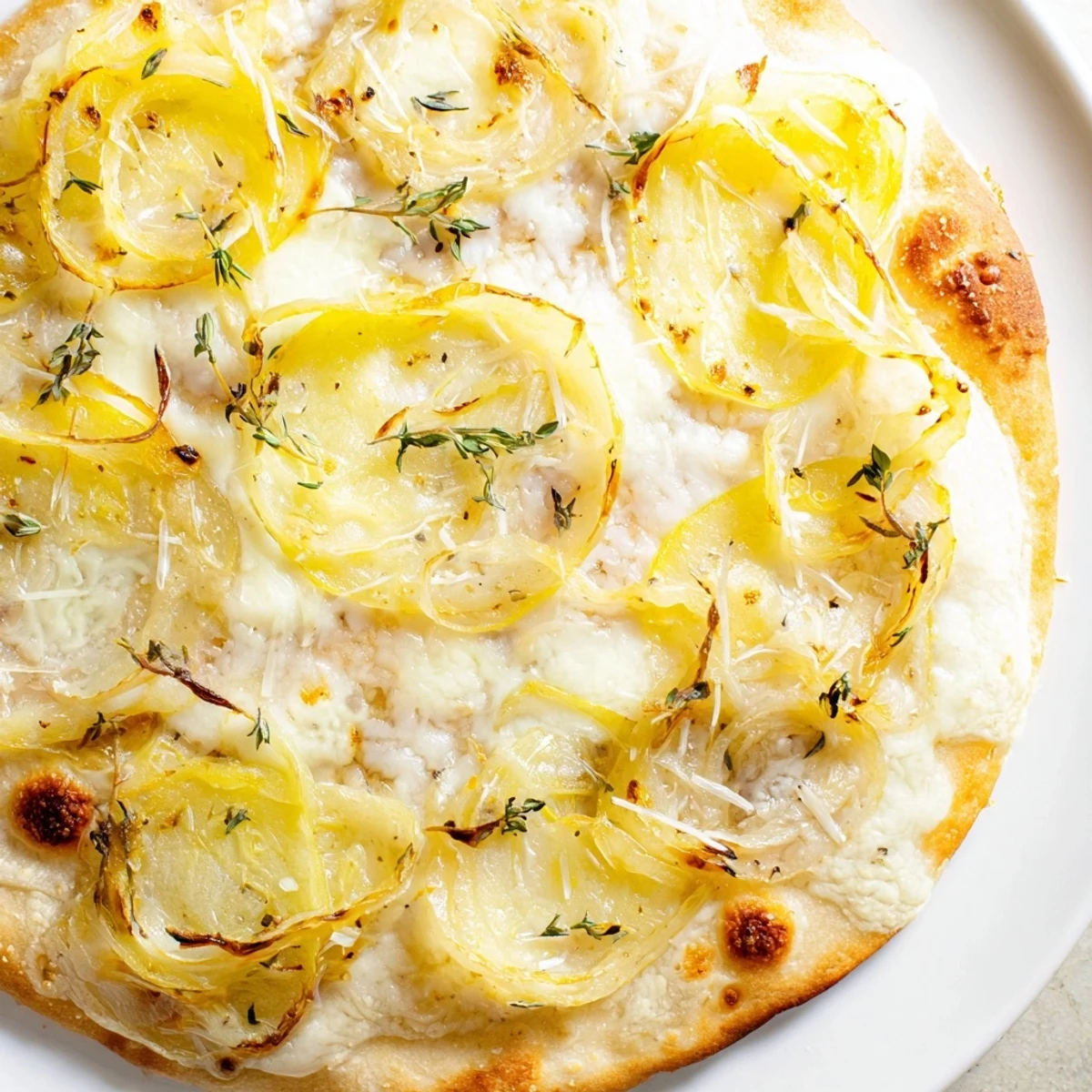 A close-up of Caramelized Onion Pizza With Melty Cheese topped with fresh thyme and arugula on a rustic wooden board.