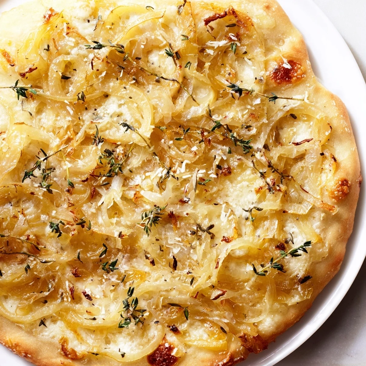 Overhead shot of a Caramelized Onion Pizza With Melty Cheese, its golden crust bubbling with gooey mozzarella and fontina.