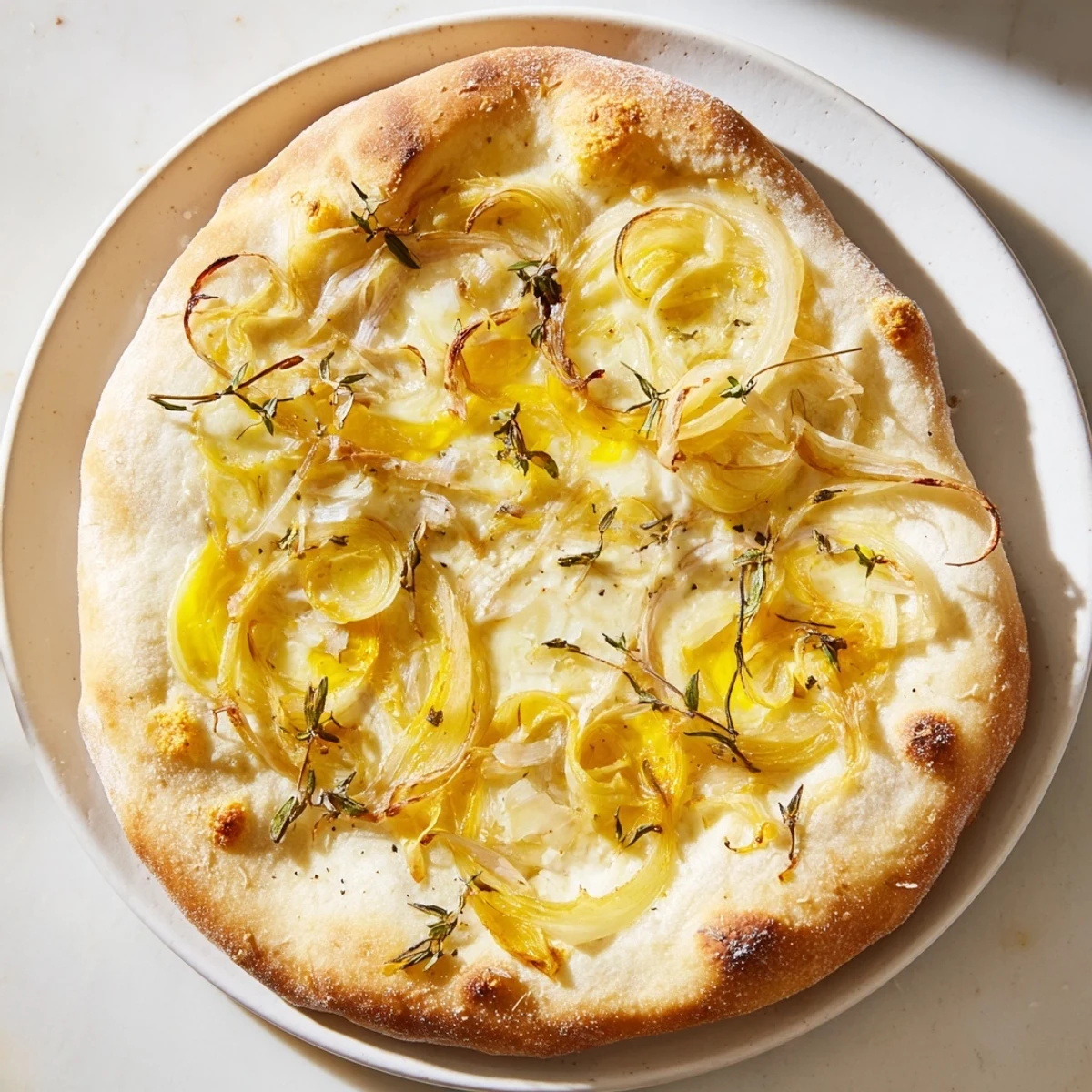 Sliced wedge of Caramelized Onion Pizza With Melty Cheese revealing sweet, deep-brown onions and stringy, melted cheese layers.