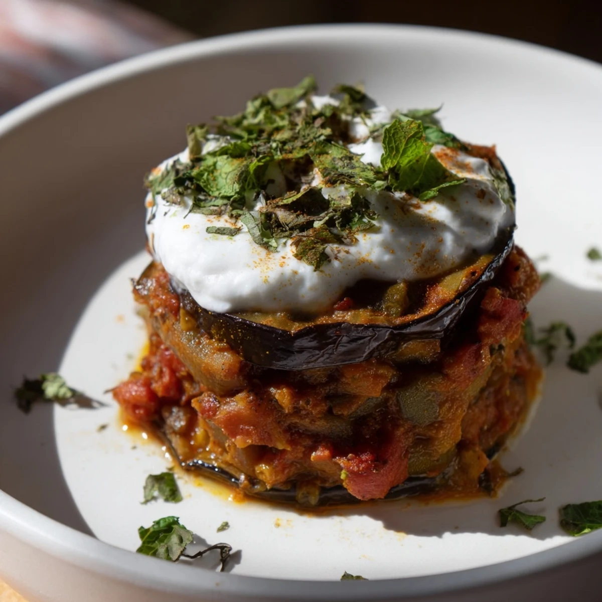 Golden fried eggplant slices layered with a spiced tomato sauce and topped with creamy Greek yogurt, garnished with fresh mint for Borani Banjan.