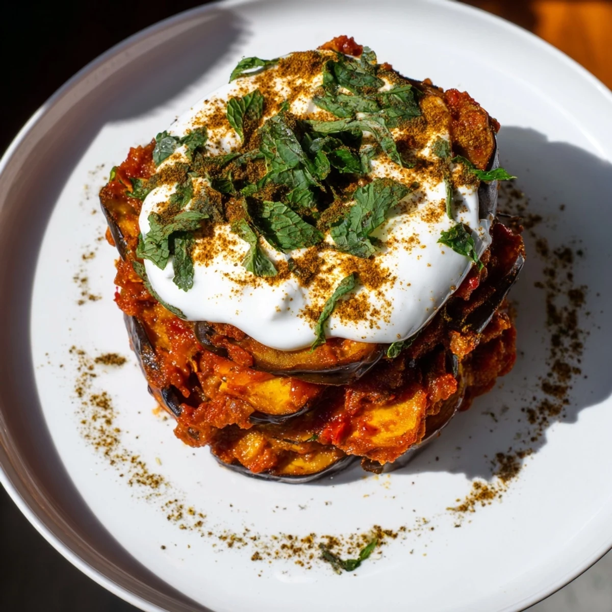 A close-up of Borani Banjan, an Afghan eggplant dish featuring rich tomato sauce and smooth yogurt, served on a decorative plate.