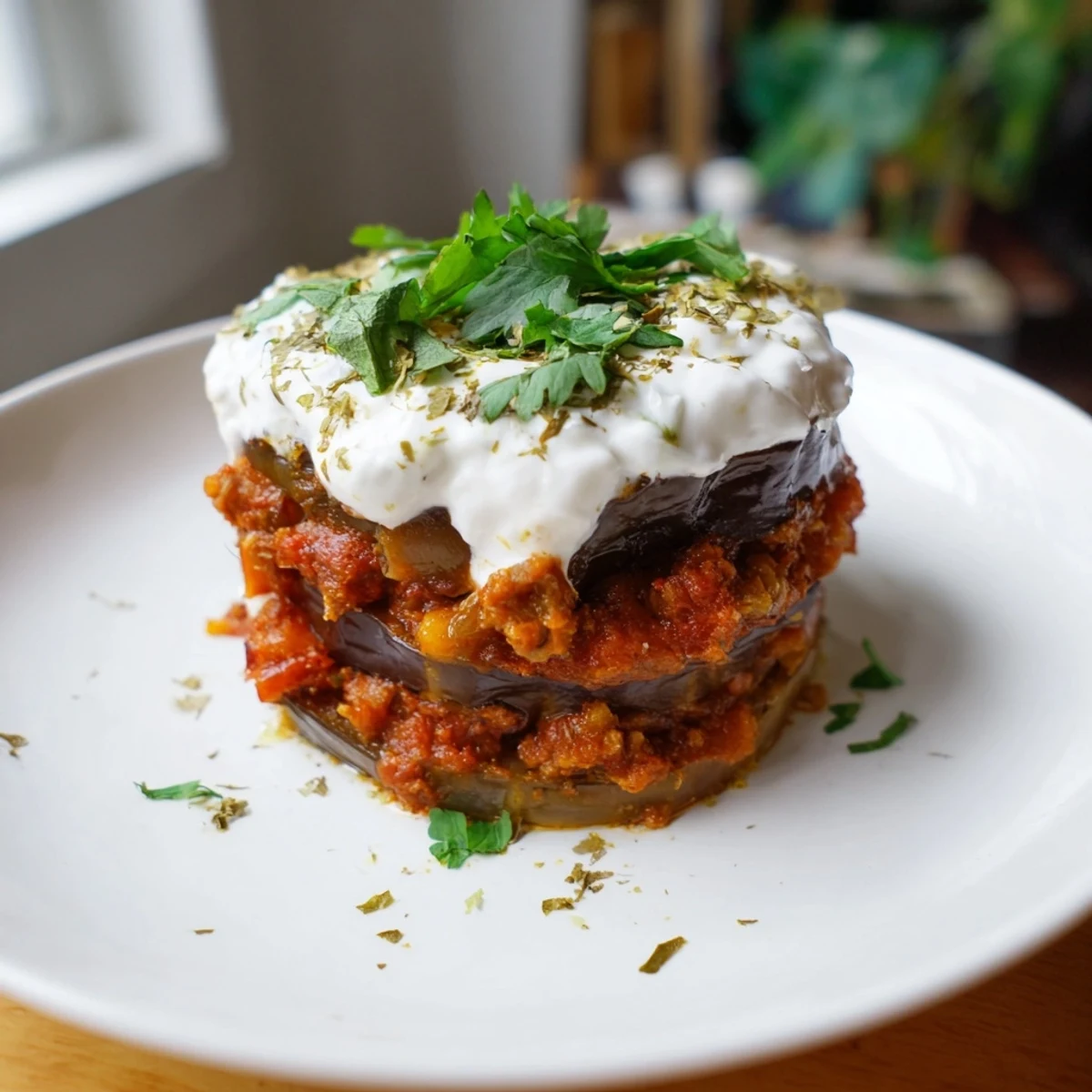 Borani Banjan ready to eat, showing soft eggplant, tangy yogurt sauce, and vibrant cilantro garnish on a rustic wooden table.