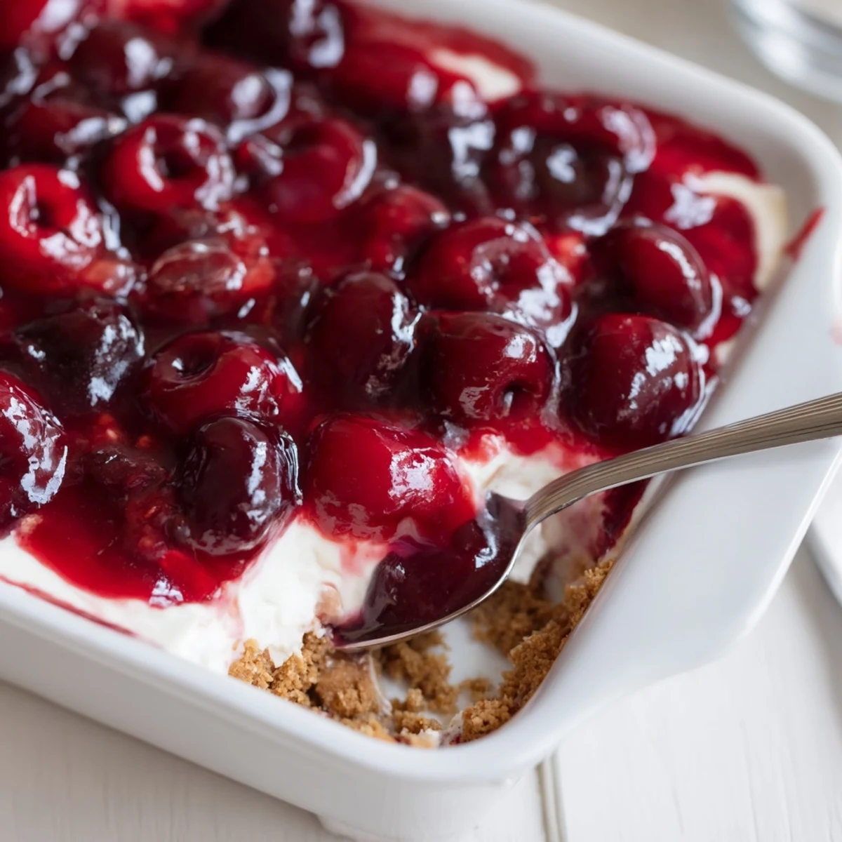Classic Cherry Delight dessert showing creamy layers and a spoonful ready to serve at a party.