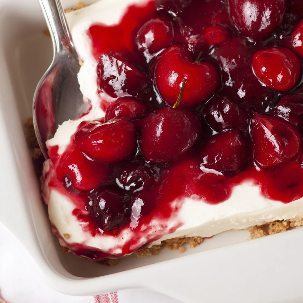 A slice of Classic Cherry Delight with a crunchy graham cracker crust and sweet cherry topping.