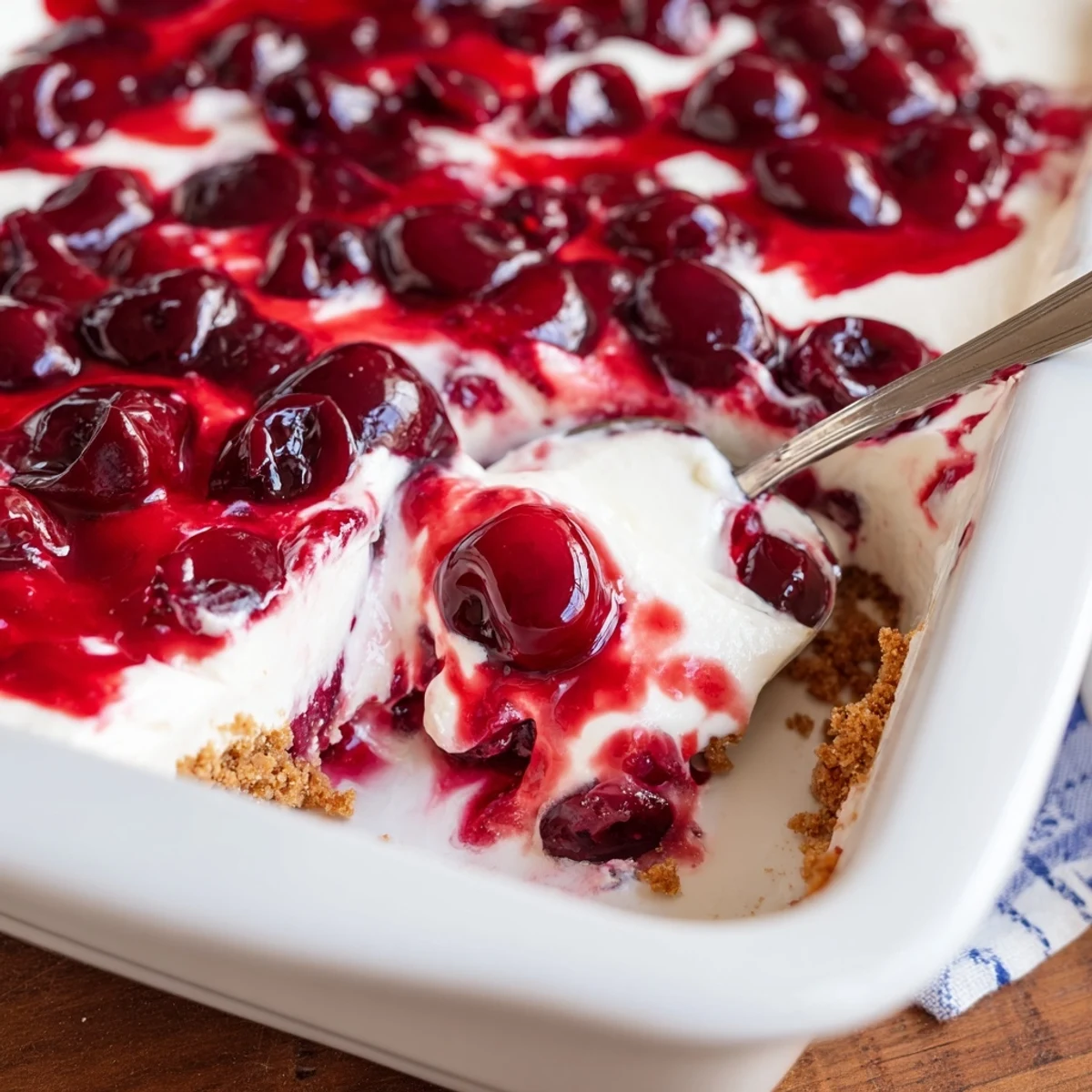 Overhead view of Classic Cherry Delight in a glass dish with glossy red cherries and whipped cream.