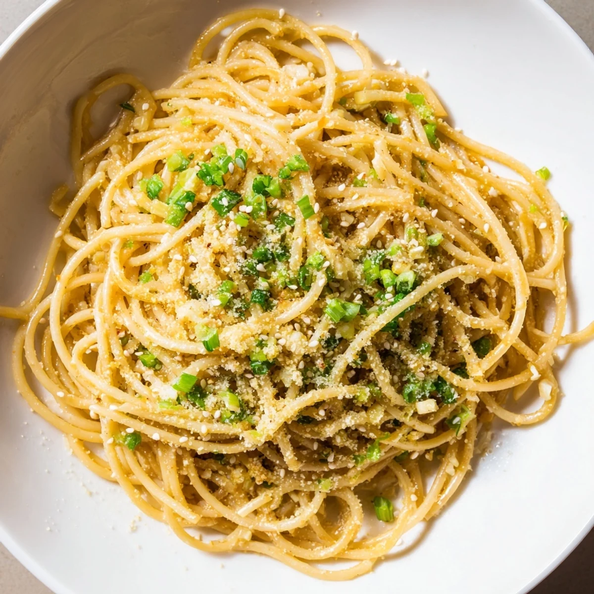 A close-up of steaming Garlic Noodles in a white bowl, garnished with fresh green scallions and toasted sesame seeds.