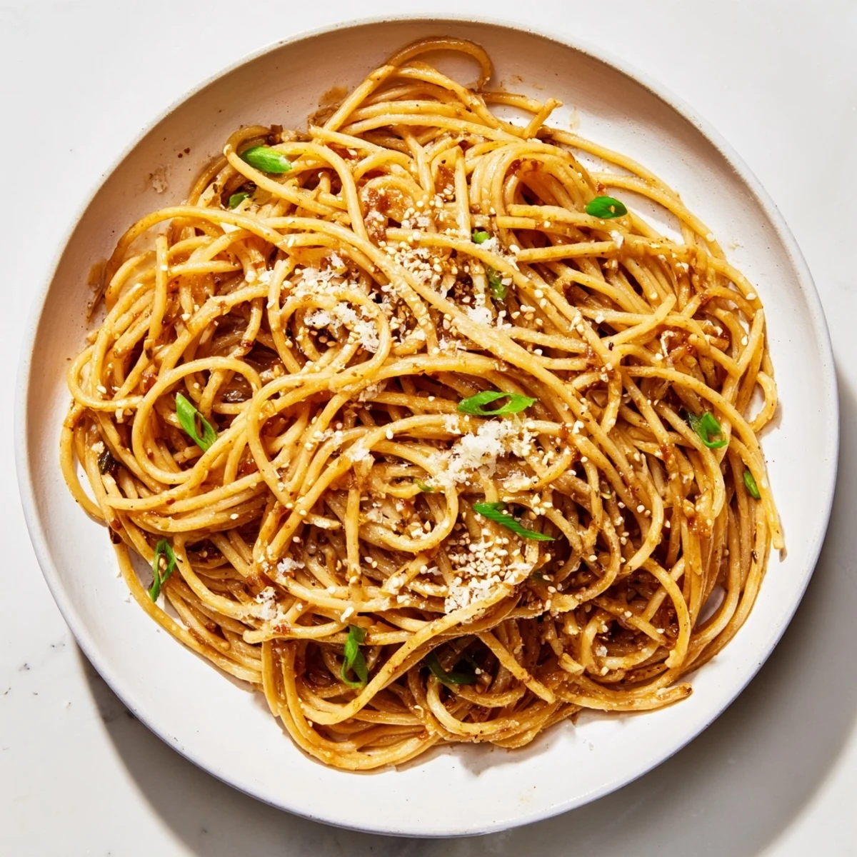 A rustic skillet of Garlic Noodles topped with grated Parmesan and scallions, perfect for a quick weeknight dinner.