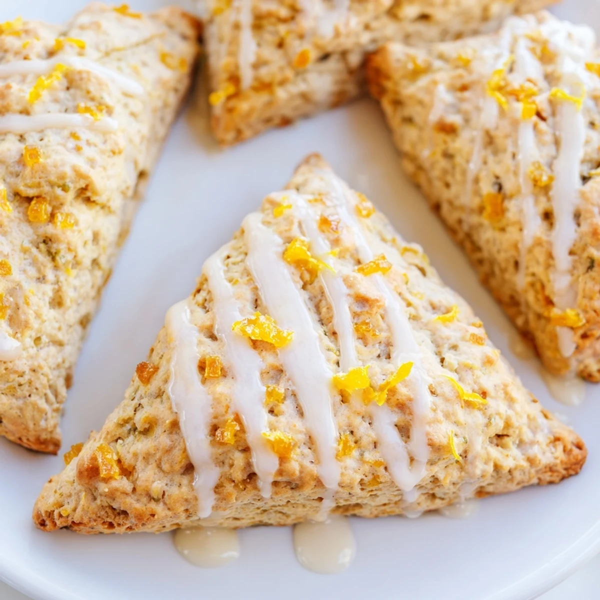 Freshly baked Candied Ginger Orange Scones with a glossy glaze sit on a rustic wooden board.