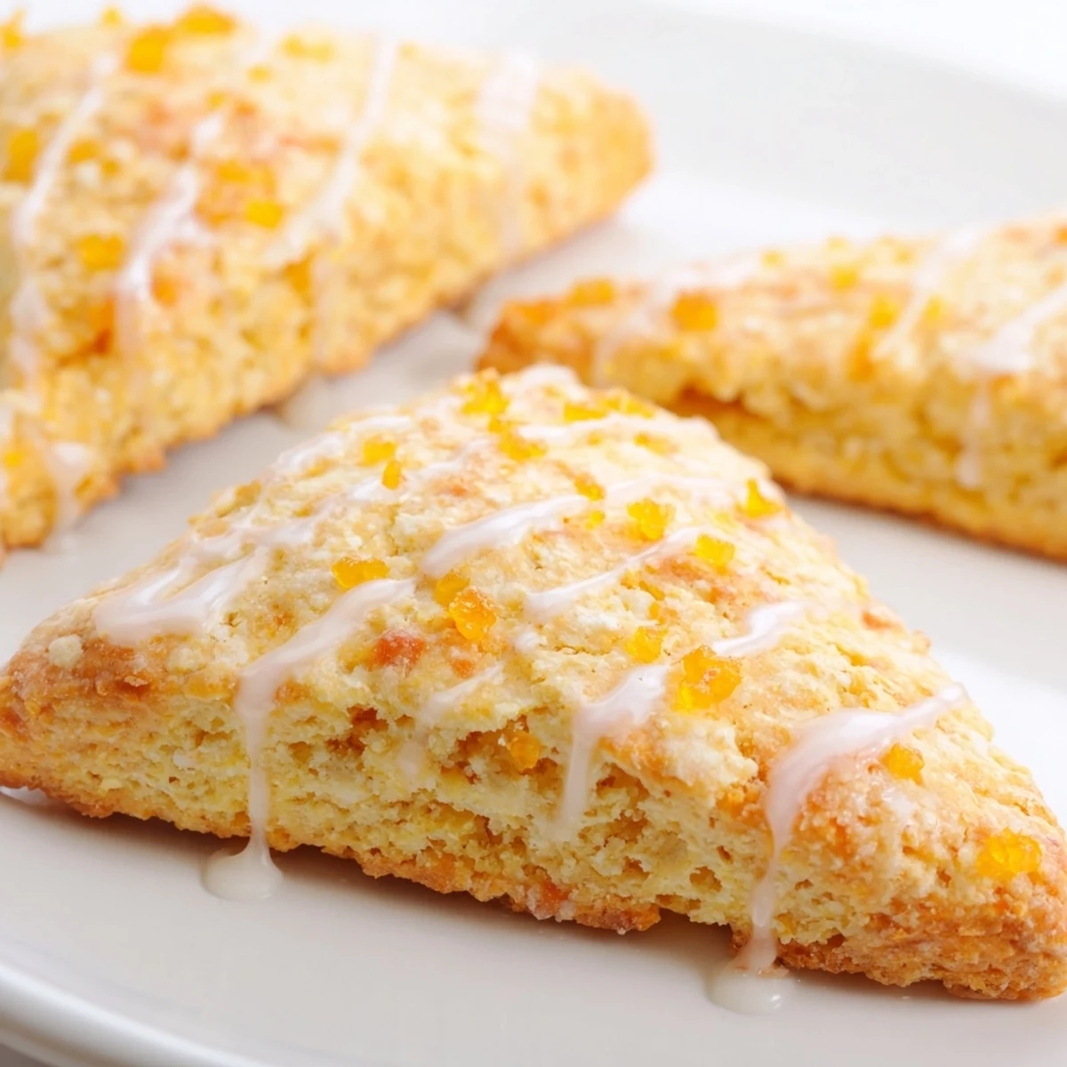 A close-up view highlights the chunky candied ginger pieces inside the tender Candied Ginger Orange Scones.