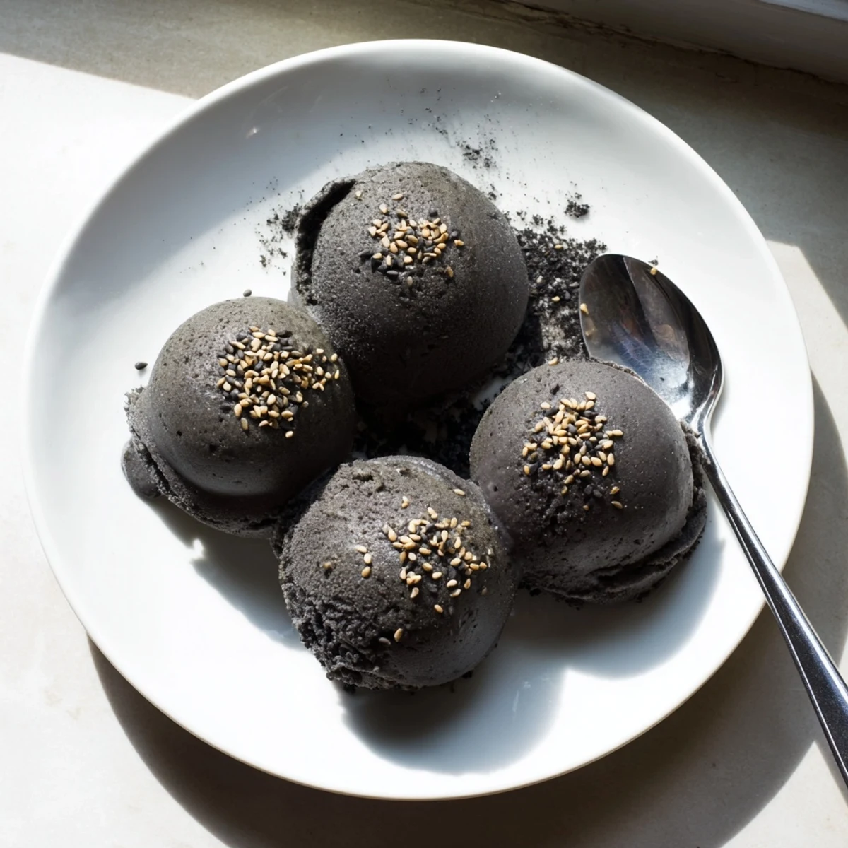 Creamy toasted black sesame ice cream scooped into a bowl, garnished with sesame seeds and a honey drizzle.
