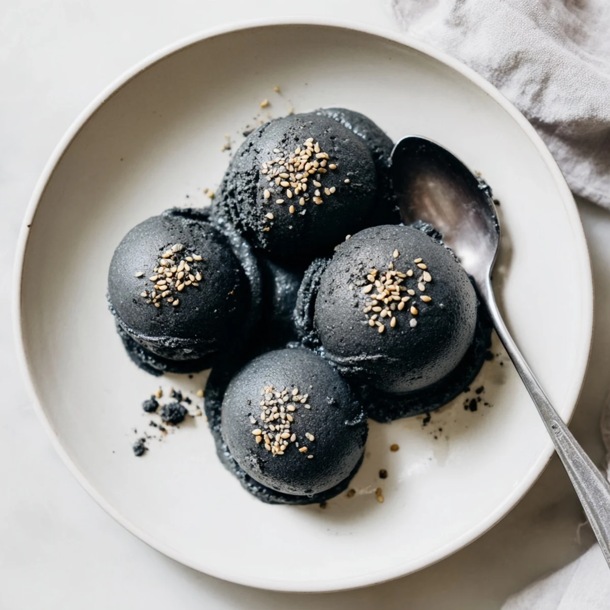 Rich, nutty toasted black sesame ice cream served in a glass dish with a shiny honey drizzle.
