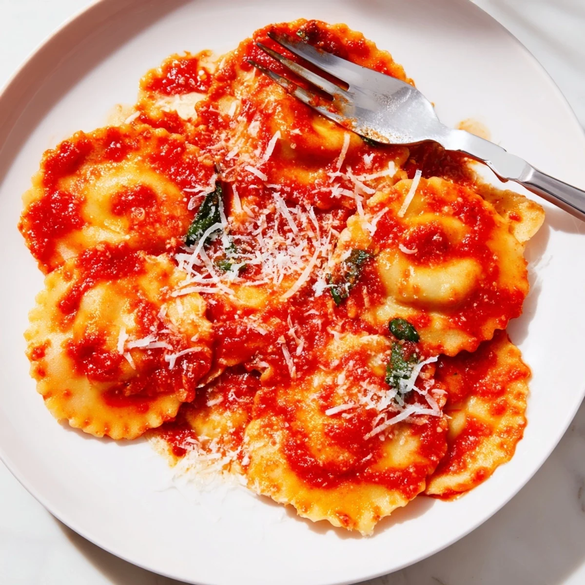 Close-up of 20-Minute Ravioli with Simple Sauce coated in rich tomato-basil sauce, topped with grated Parmesan and basil leaves.  